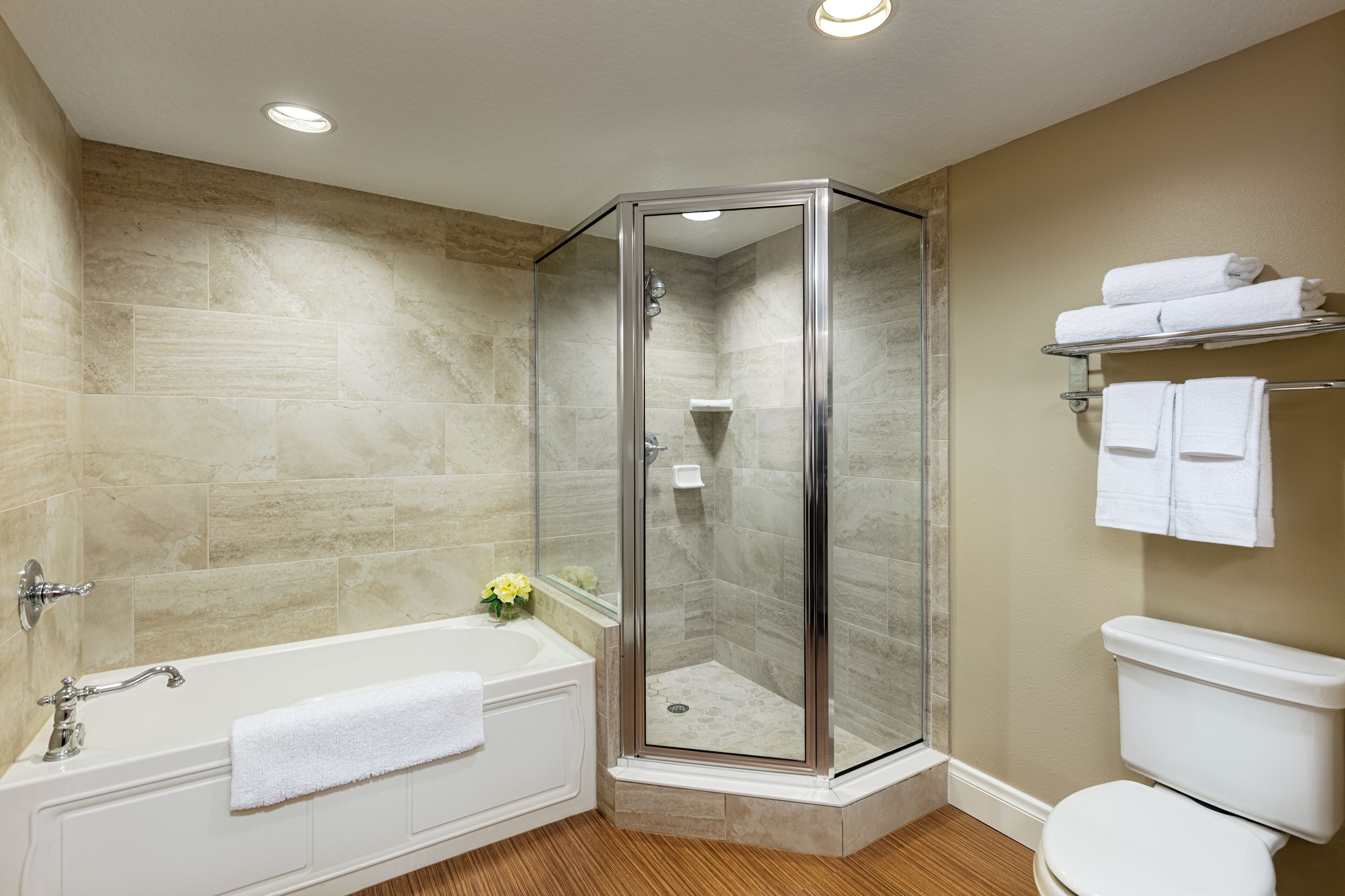 Une salle de bain moderne avec une douche à parois de verre, une baignoire sur pieds et des toilettes.