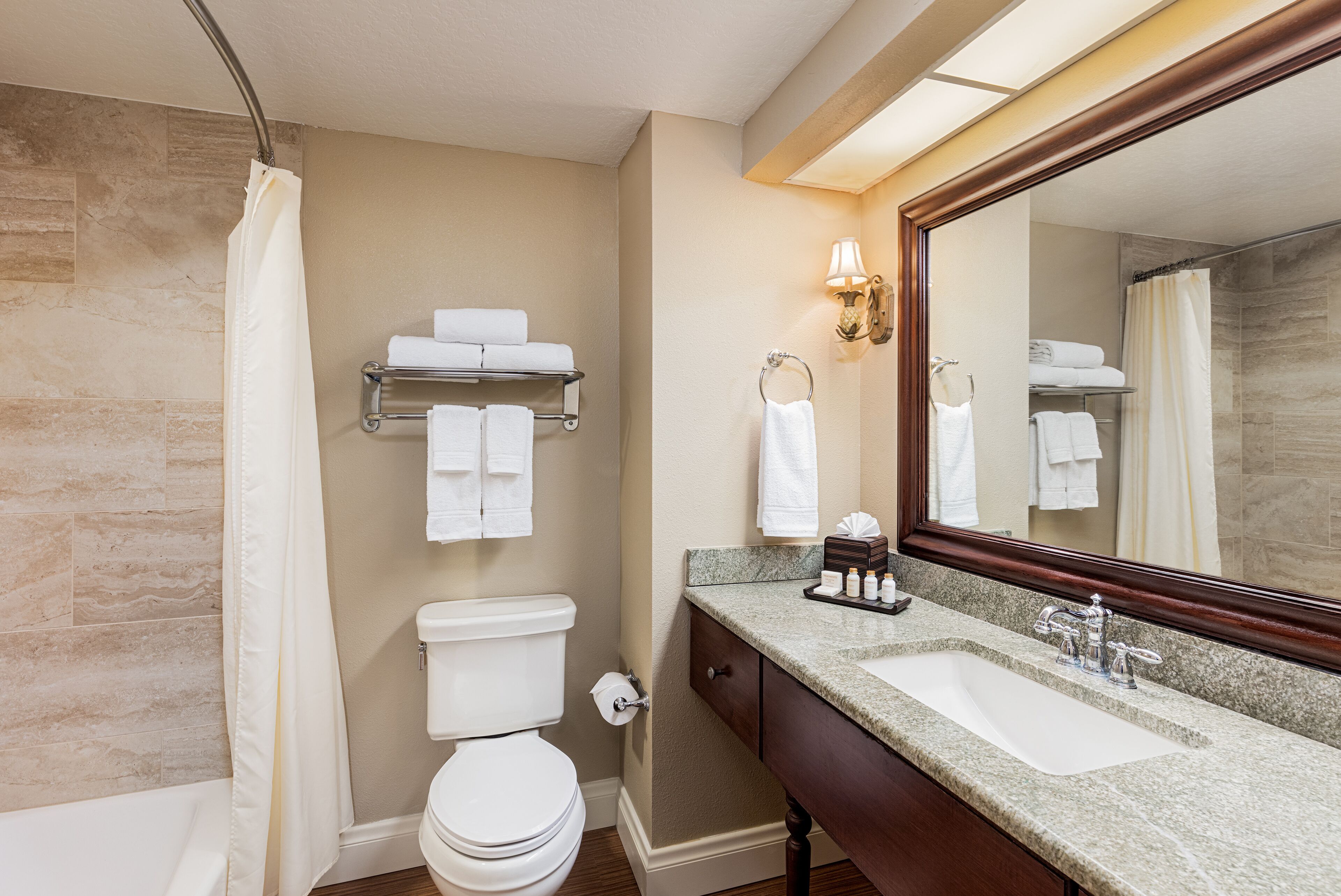 Une salle de bain avec des toilettes, un lavabo et un rideau de douche.