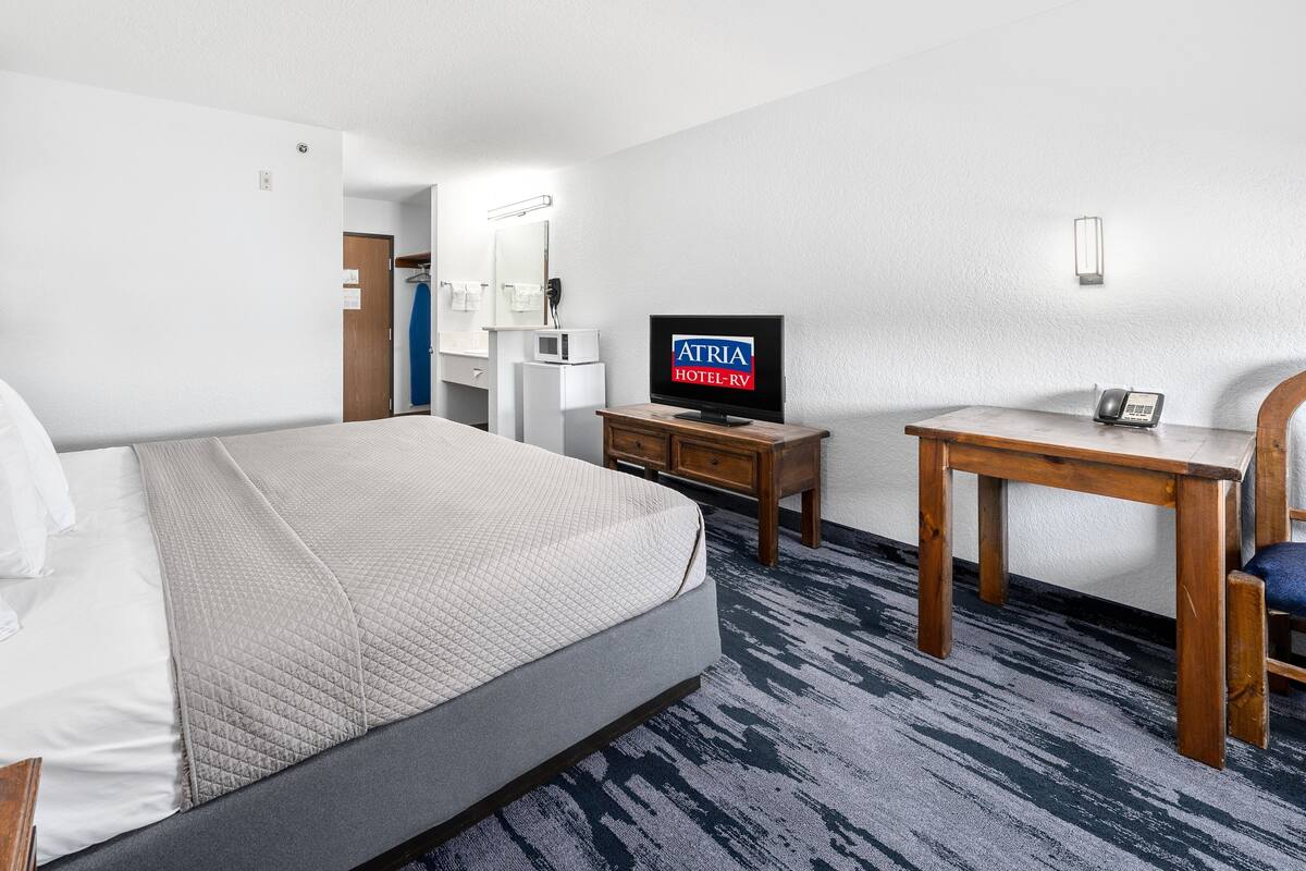 A hotel room with a bed, a desk, a television, and a telephone.