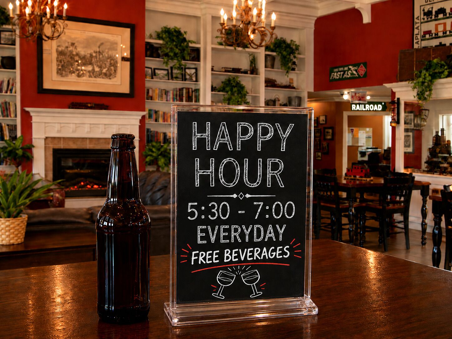 A bar area with a sign offering free beverages from 5:30 to 7:00 every day.
