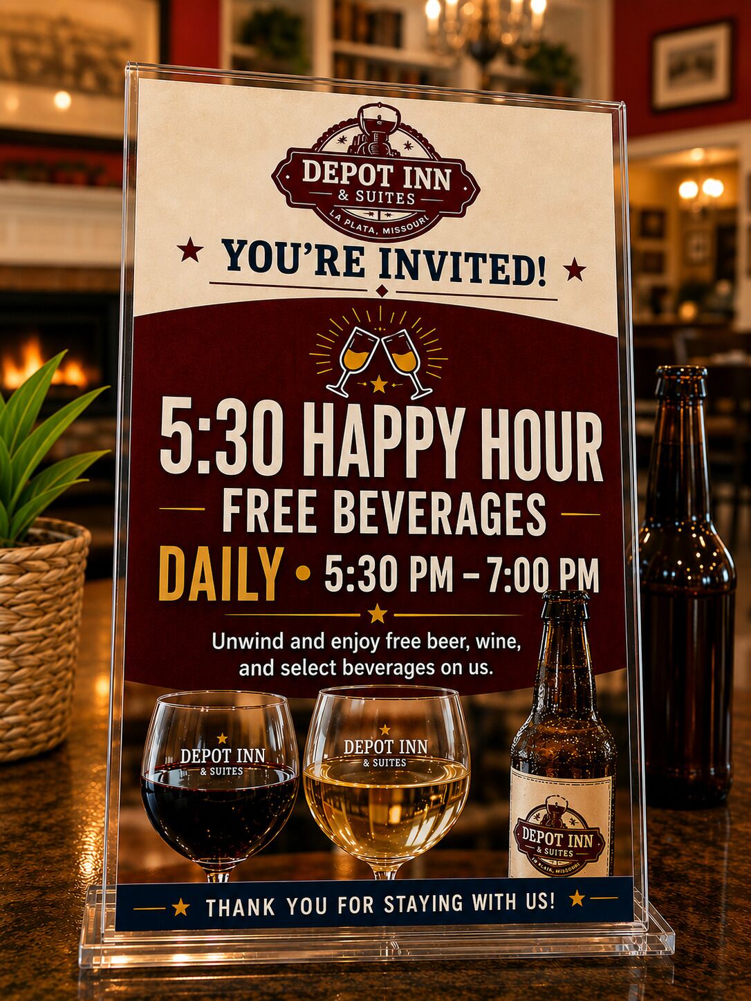 Segnaletica del Depot Inn & Suites che offre un Happy Hour alle 17:30 con bevande gratuite ogni giorno dalle 17:30 alle 19:00.