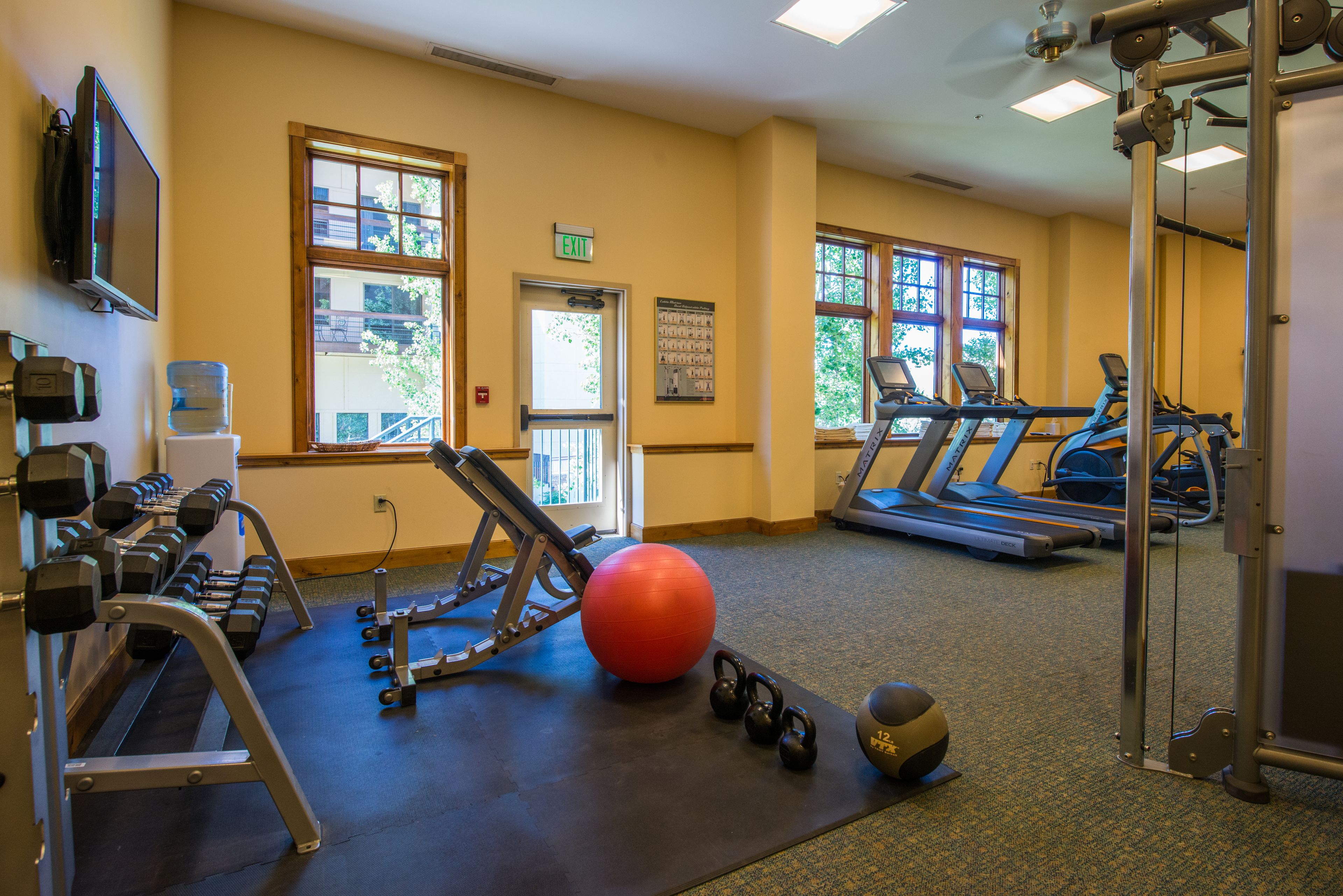 Een fitnessruimte met trainingsapparatuur, loopbanden en een grote rode fitnessbal.