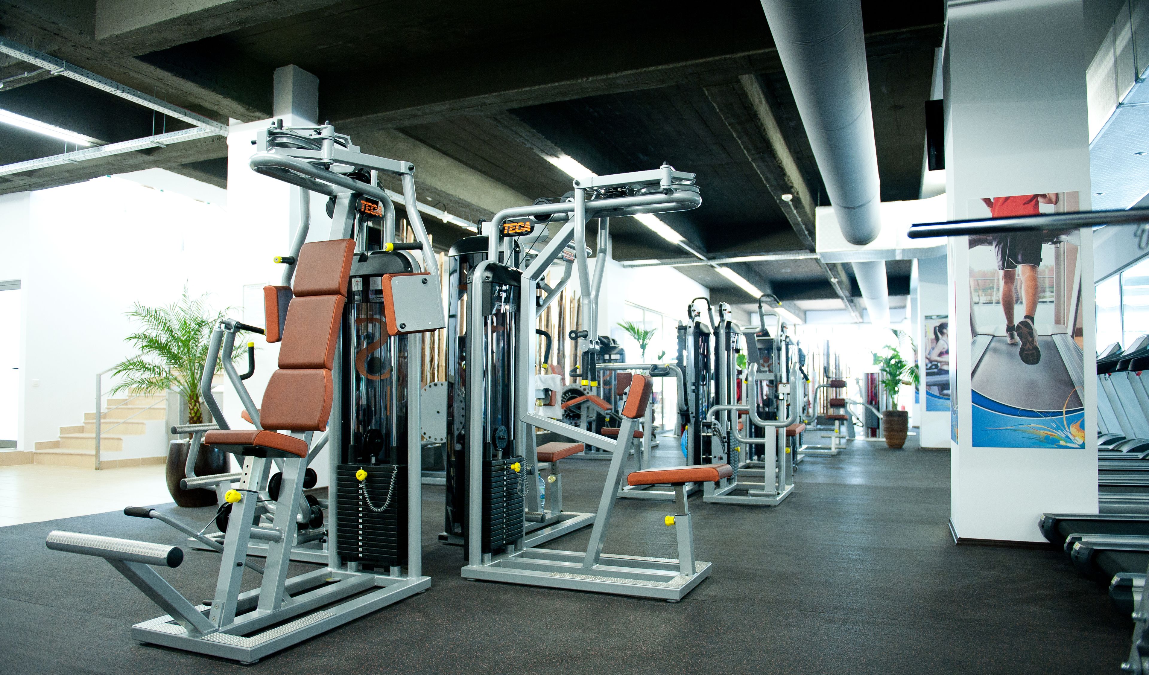 A gym with various exercise machines, a treadmill, and a large mirror.