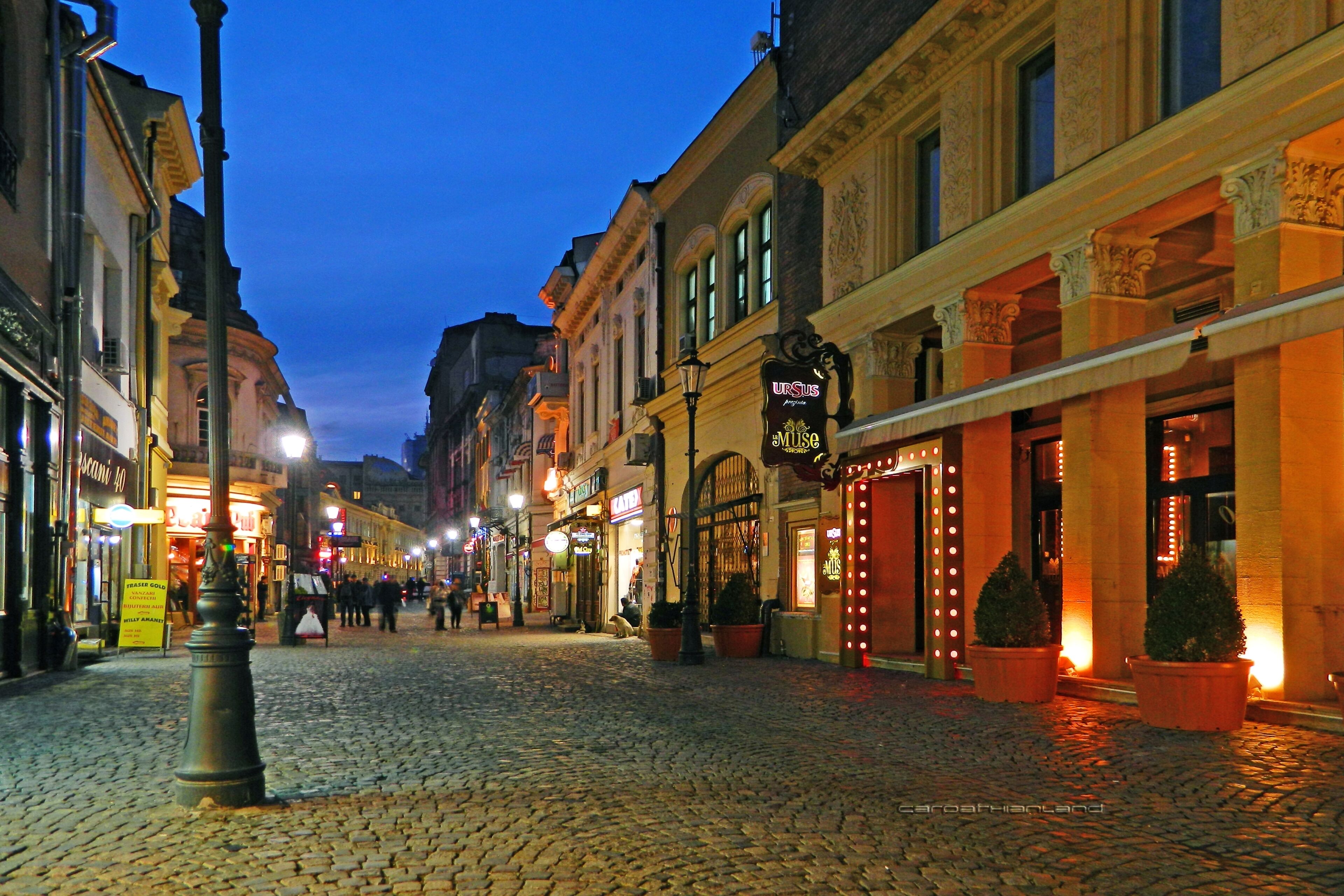 A cobblestone street lined with historic buildings, some with illuminated signs.
