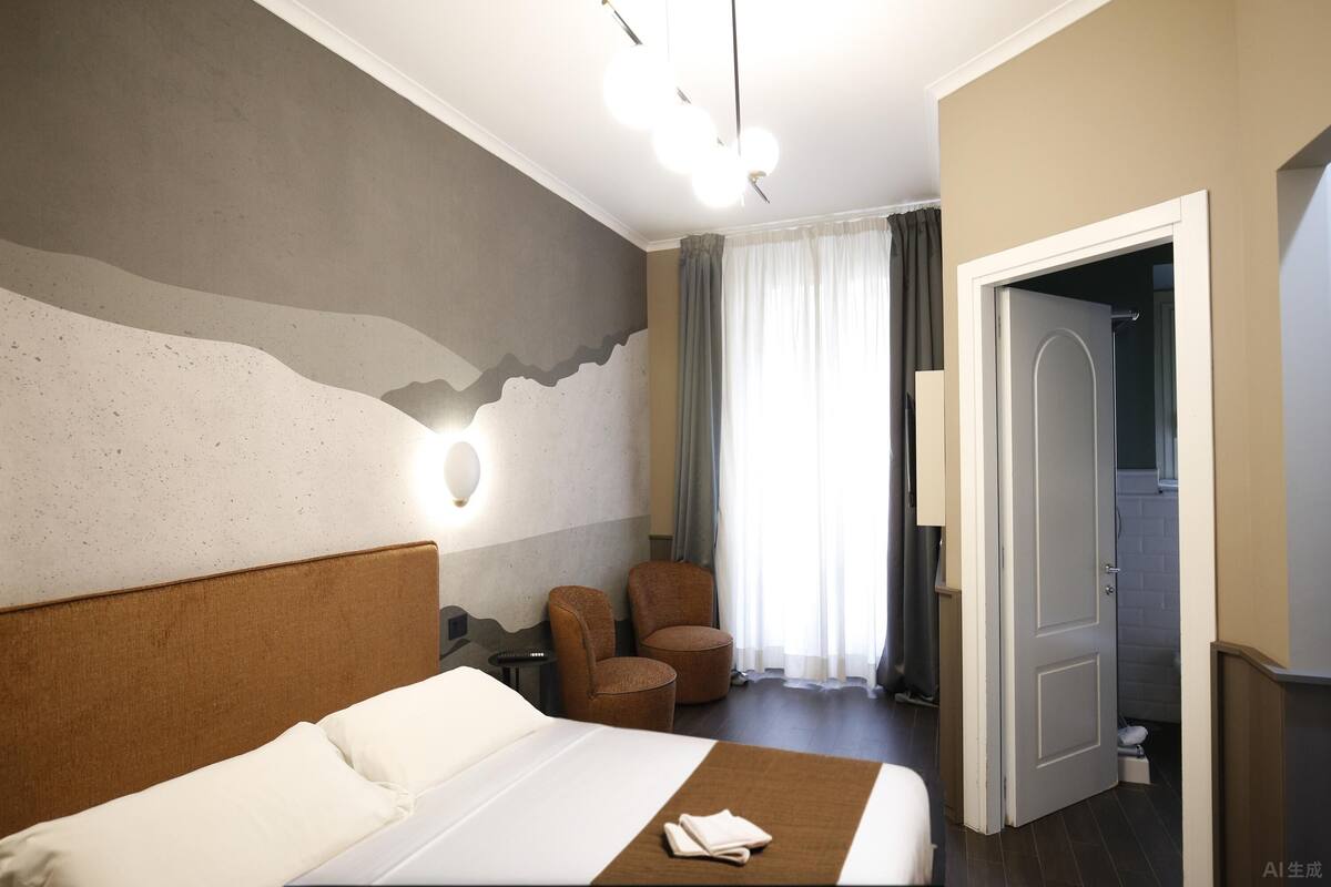 A hotel room with a bed, two armchairs, a nightstand, a wall-mounted lamp, and a door leading to a bathroom.