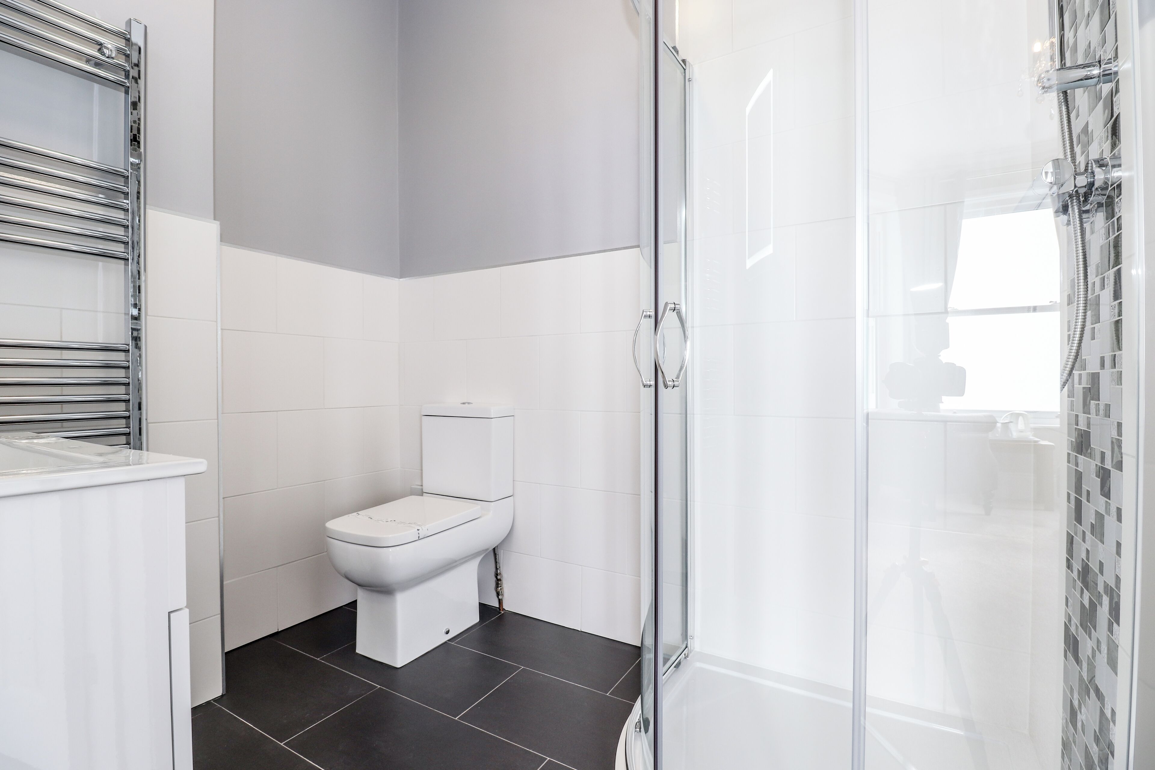A modern bathroom with a toilet, a shower with a glass door, and a white sink.
