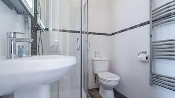 A modern bathroom with a glass-enclosed shower, a white sink, and a toilet.