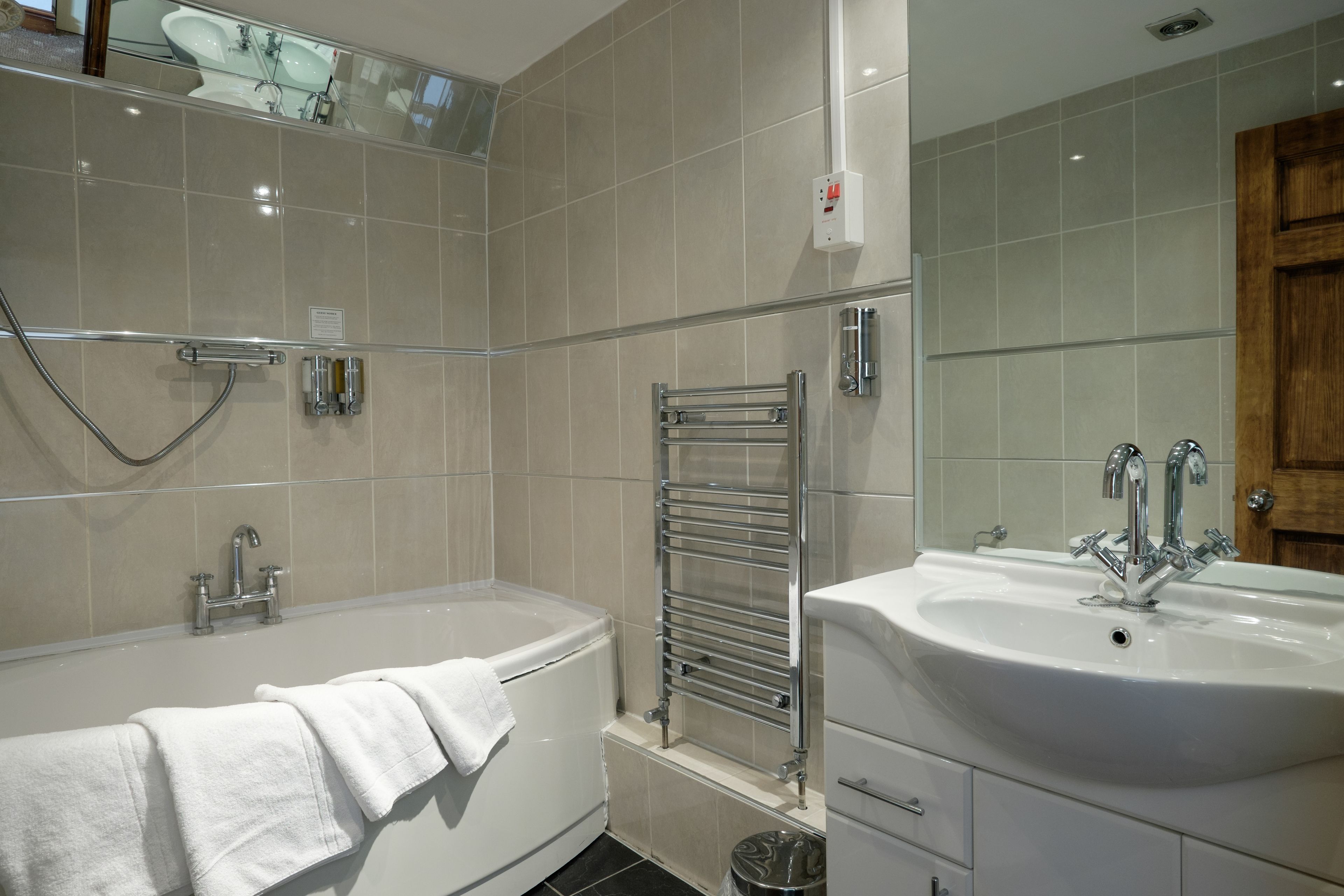 premier double room | bathroom | hair dryer, towels