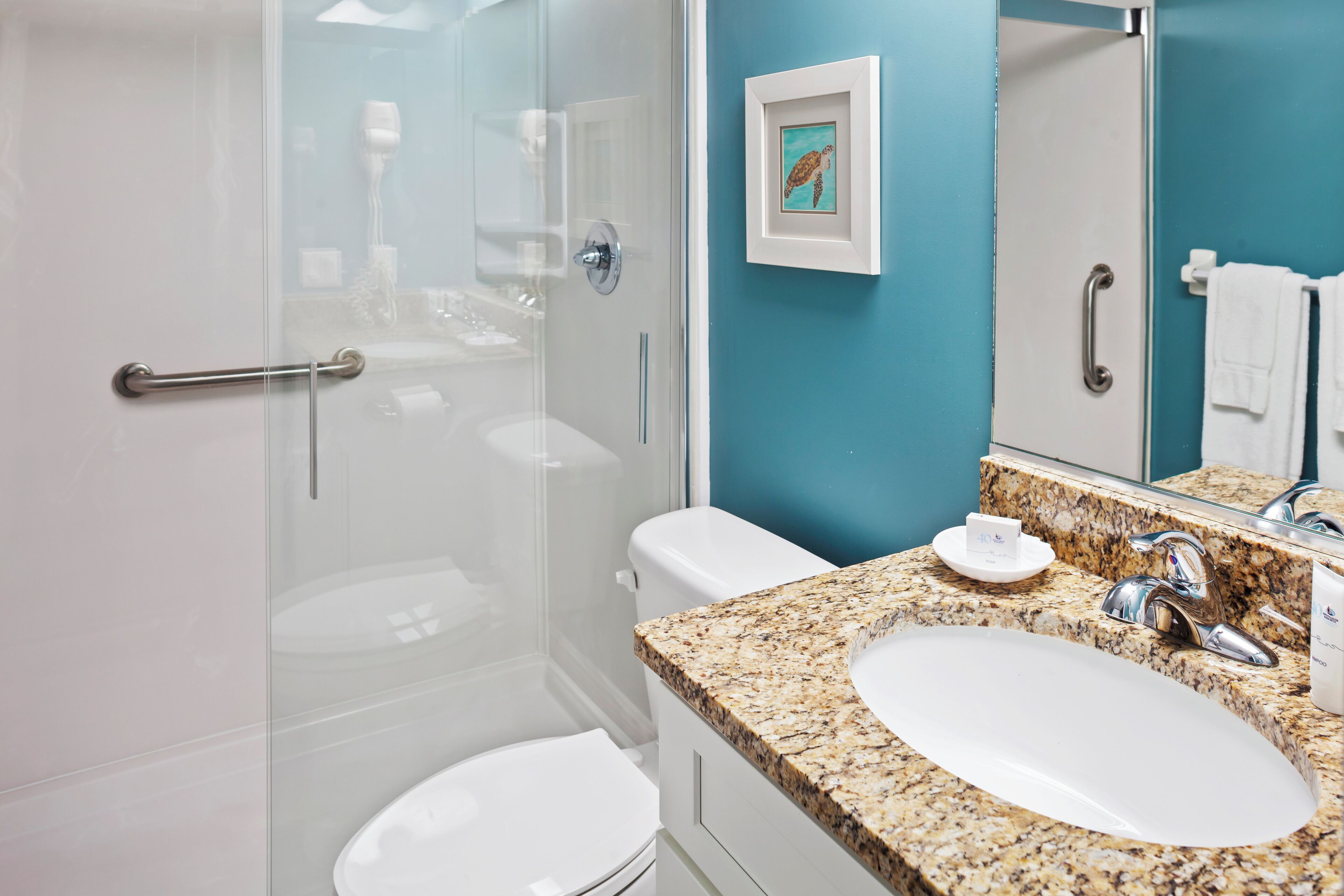 Une salle de bain dotée d’une douche à parois de verre, de toilettes blanches, d’un lavabo sur un plan de travail en granit et d’une œuvre d’art encadrée au mur.