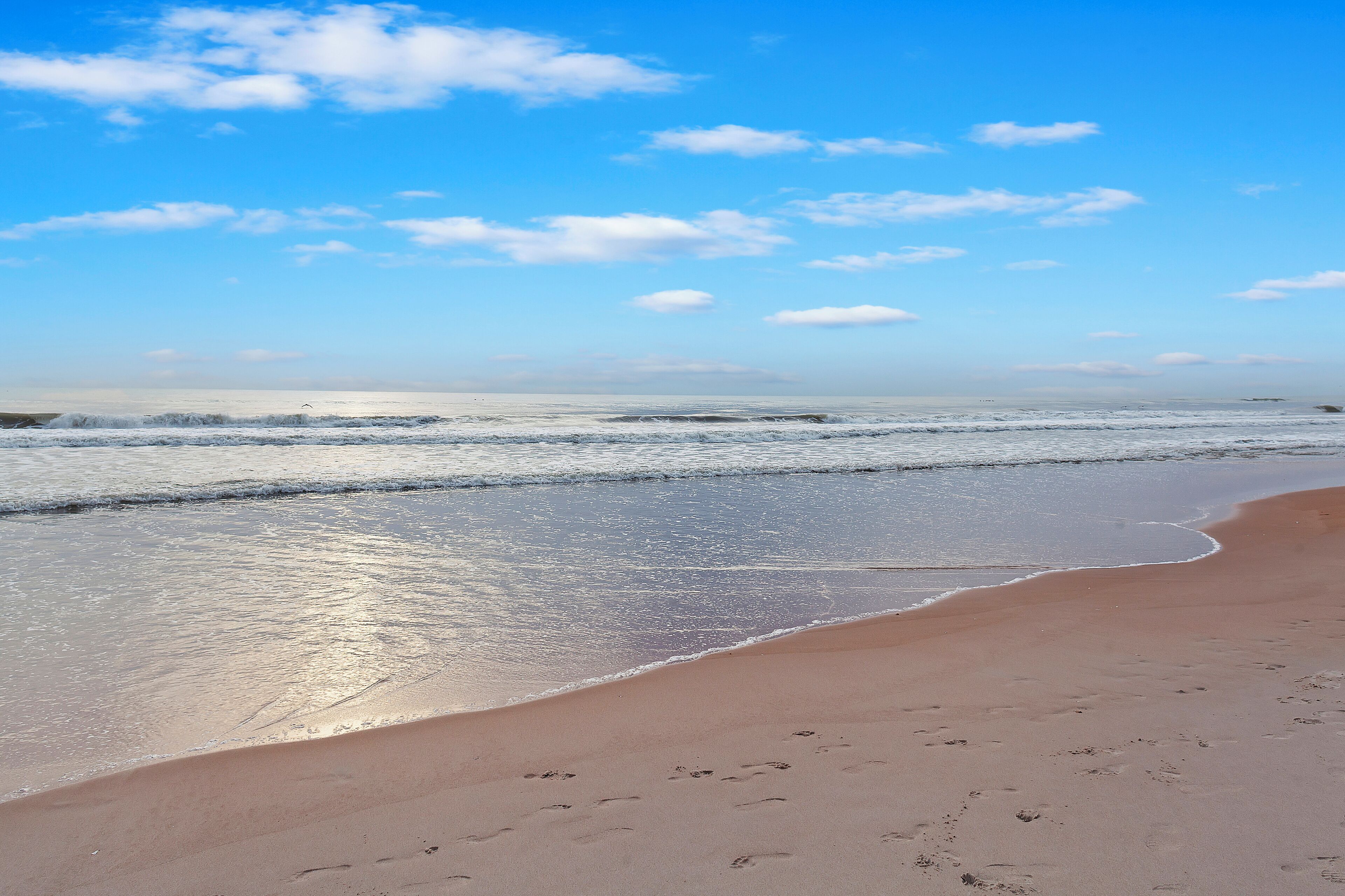 Une plage avec un ciel dégagé et des vagues douces.