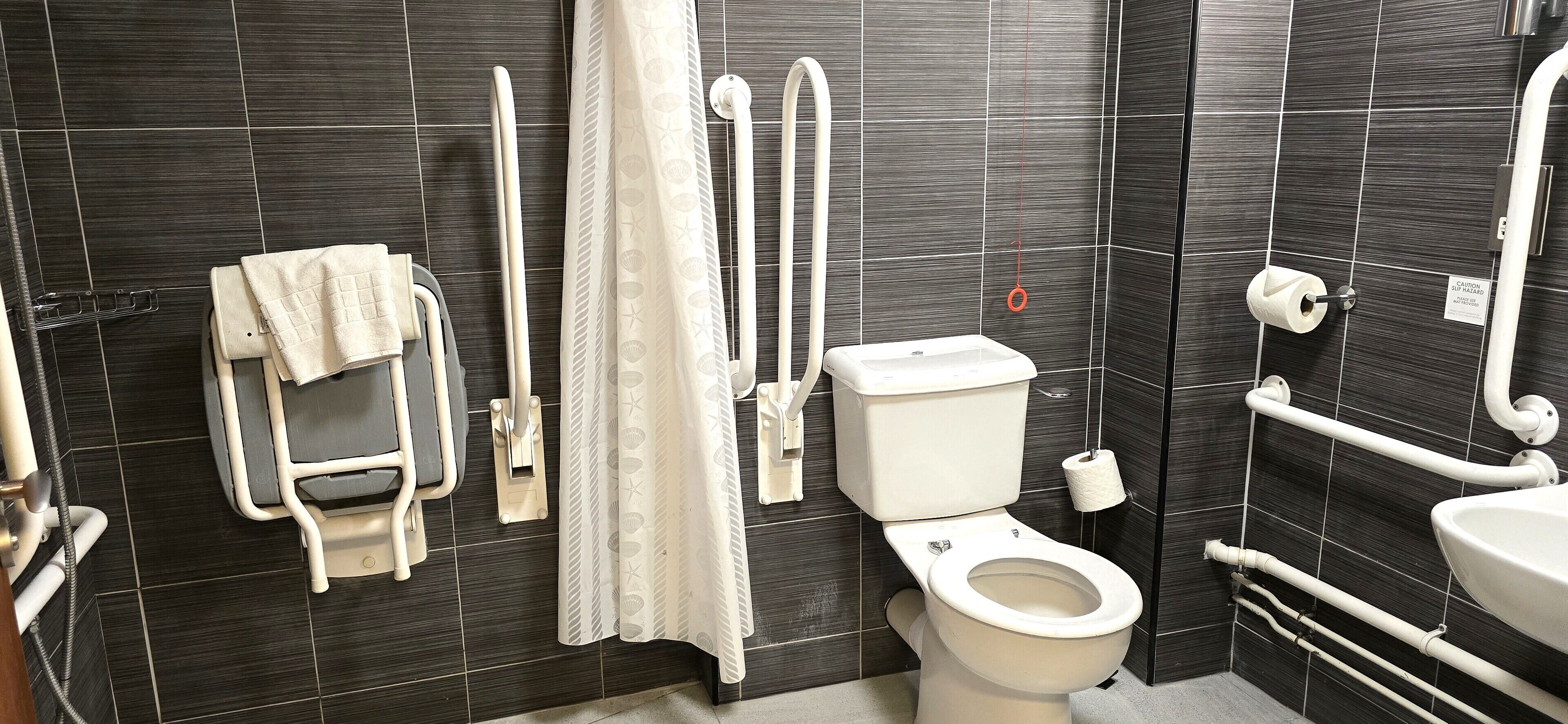 A modern bathroom with a toilet, handrails, a shower curtain, and a sink.