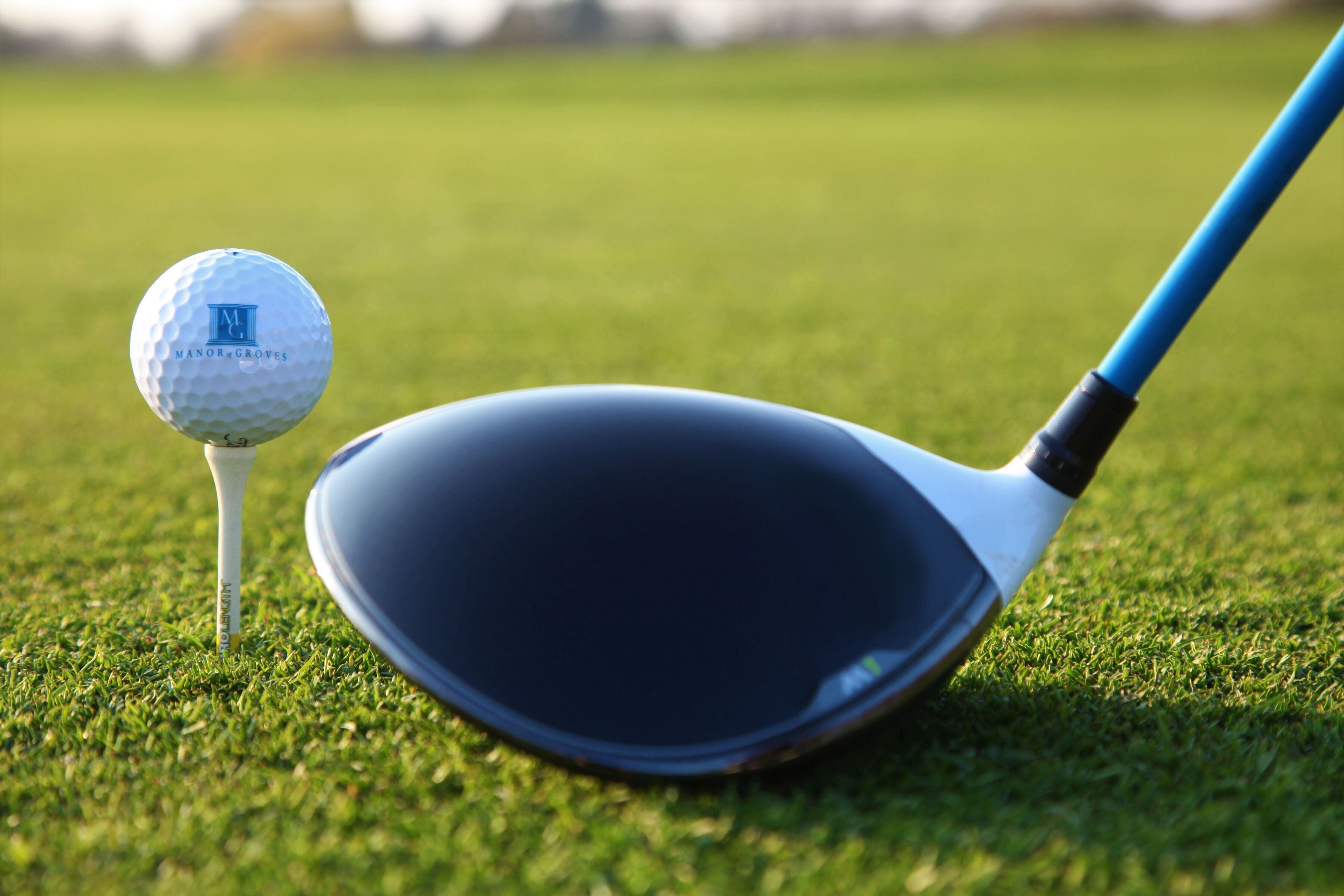 Un palo de golf sobre césped con una pelota de golf.