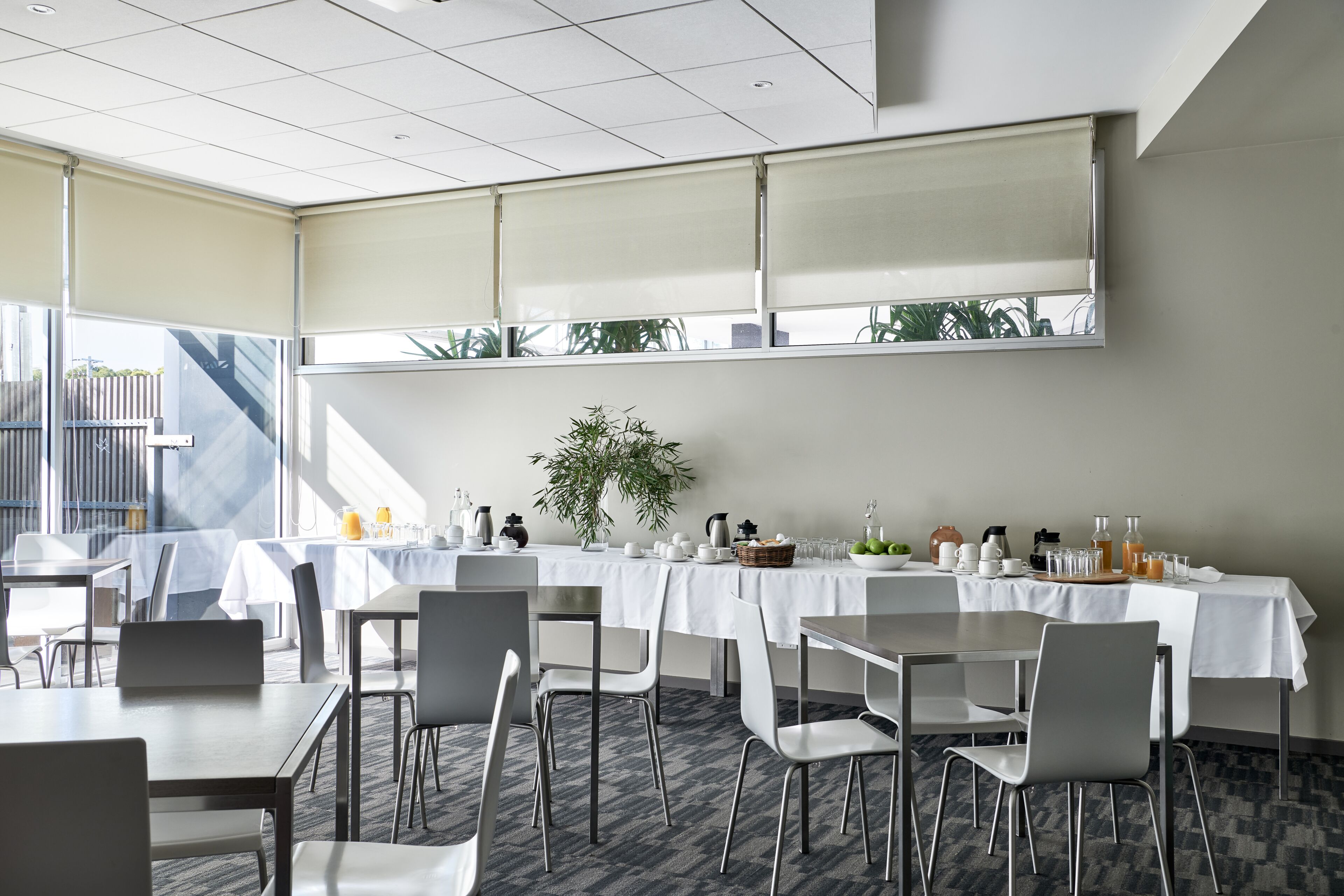 Un salón de conferencias con mesas y sillas, una planta grande y un ventanal con persianas.