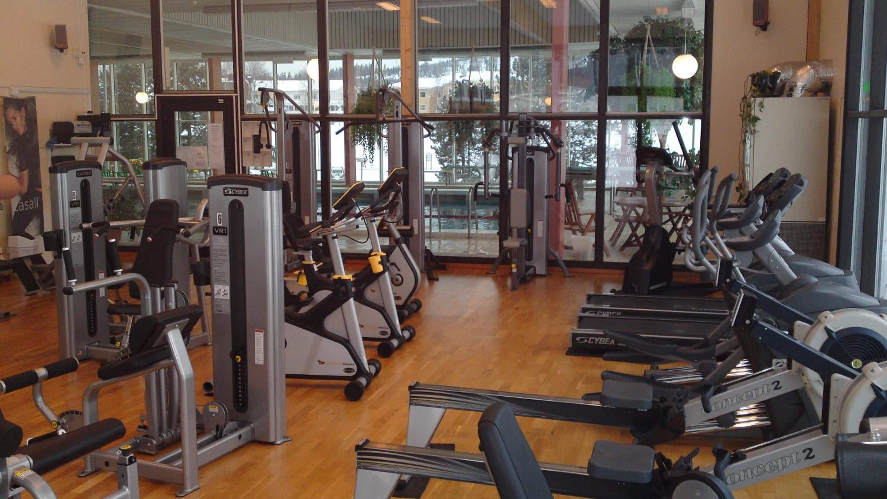 Un gimnasio con máquinas de cardio, pesas y vistas a un cuerpo de agua a través de amplias ventanas.