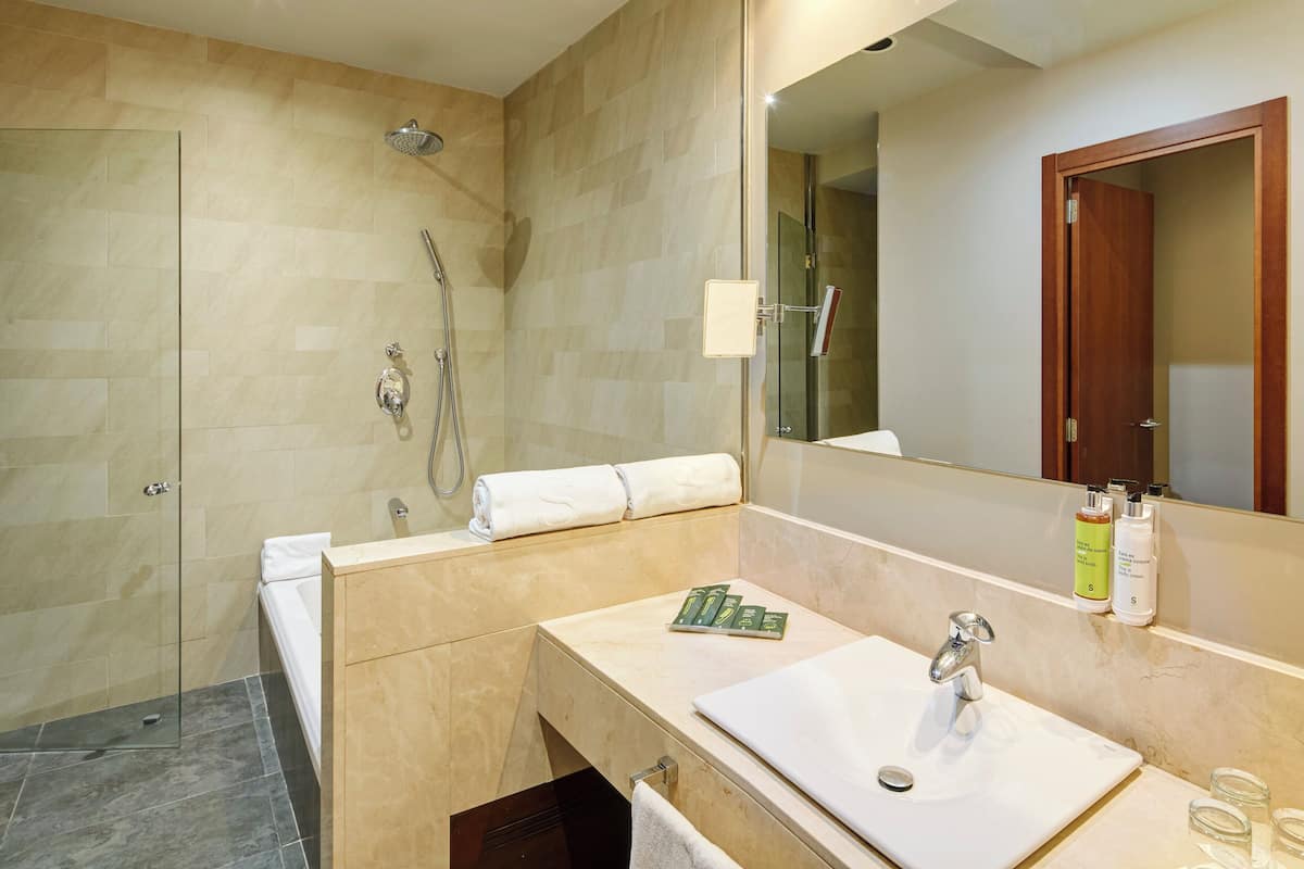 A modern bathroom with a glass shower enclosure, a white sink, and a large mirror.