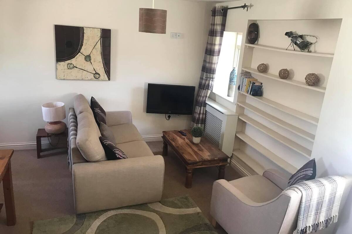 Una sala de estar con un sofá, una mesa de centro, un televisor y una estantería.