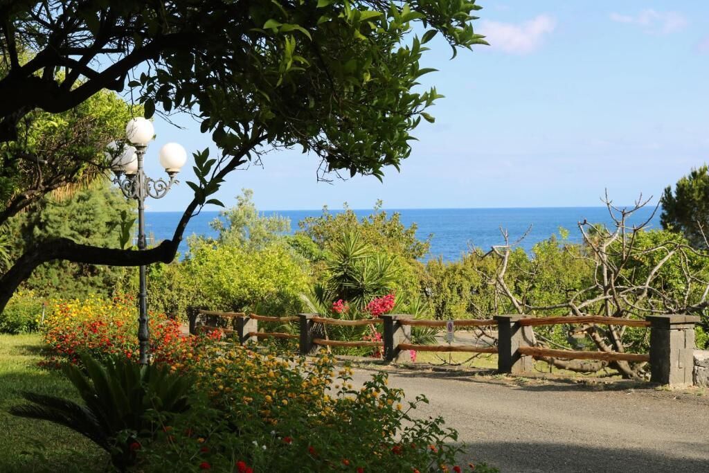 A garden with a wooden fence, a lamp post, and a view of the sea.