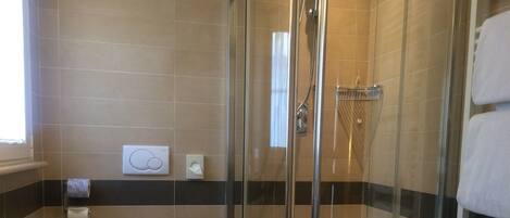 A bathroom with a glass-enclosed shower, a toilet, and a bathtub.