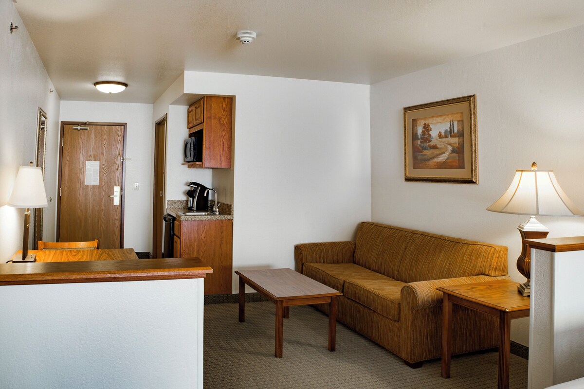 Un espacio habitable compacto con kitchenette, un sofá, una mesa de centro y un cuadro en la pared.