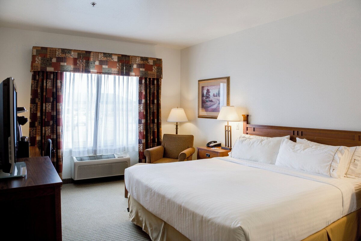 Habitación de hotel con una cama, una silla, un escritorio con una computadora, una lámpara y un cuadro en la pared.