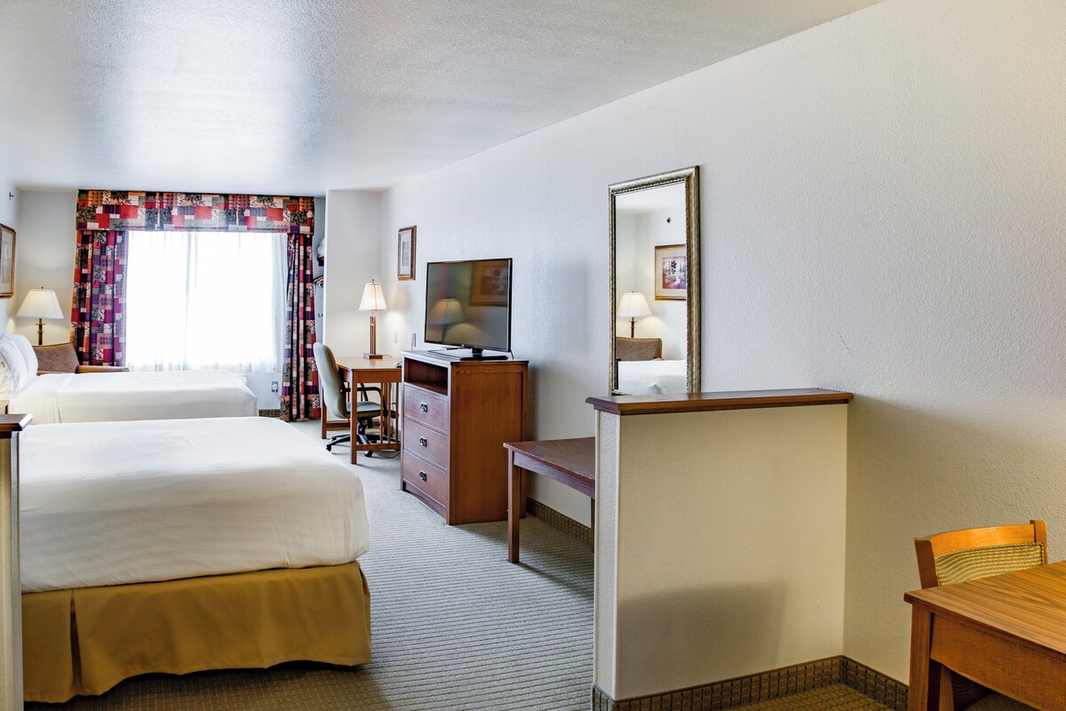 Habitación de hotel con cama, escritorio, silla, televisor y espejo.