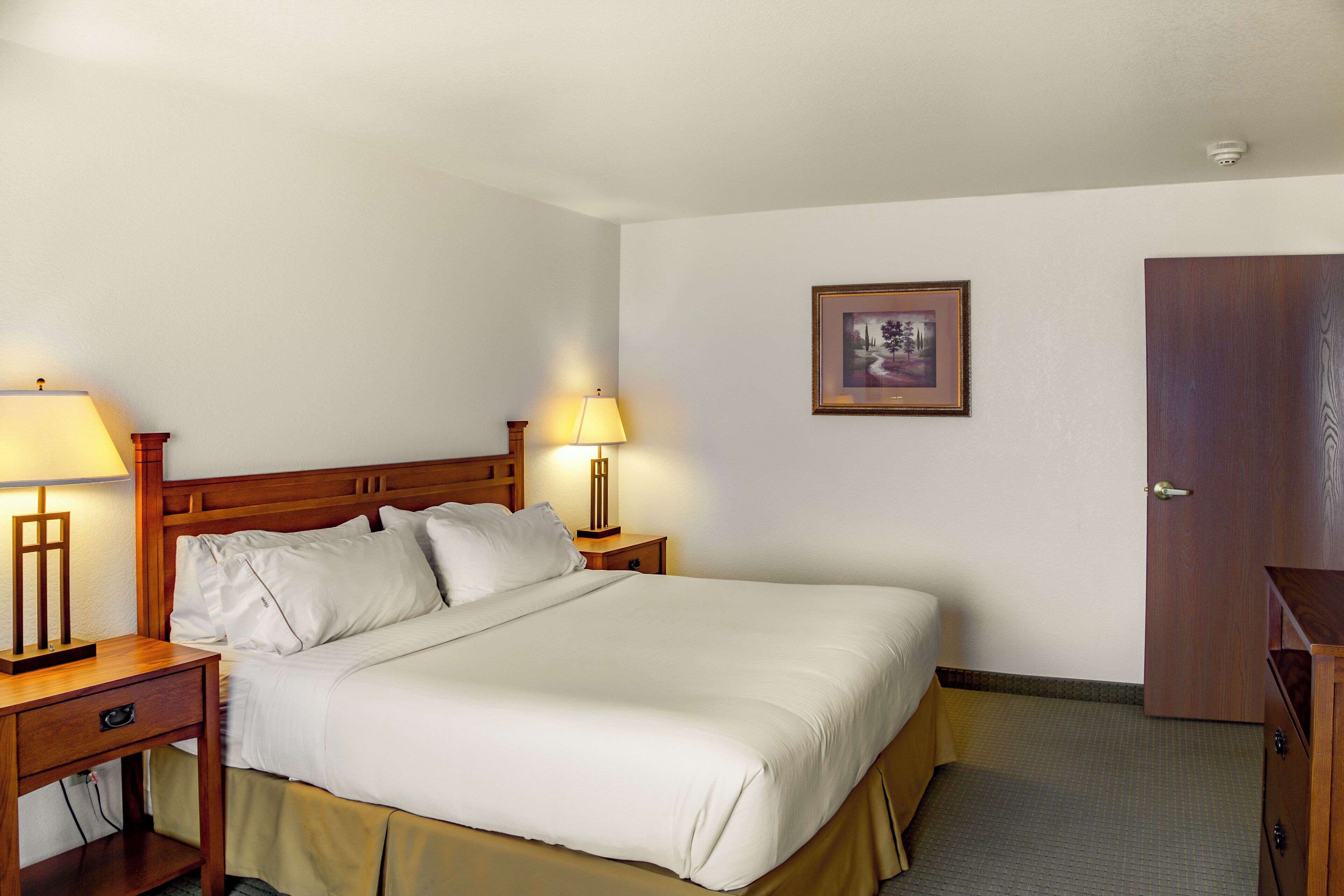A hotel room with a bed, two bedside tables with lamps, a nightstand, a framed picture on the wall, and a wooden door.