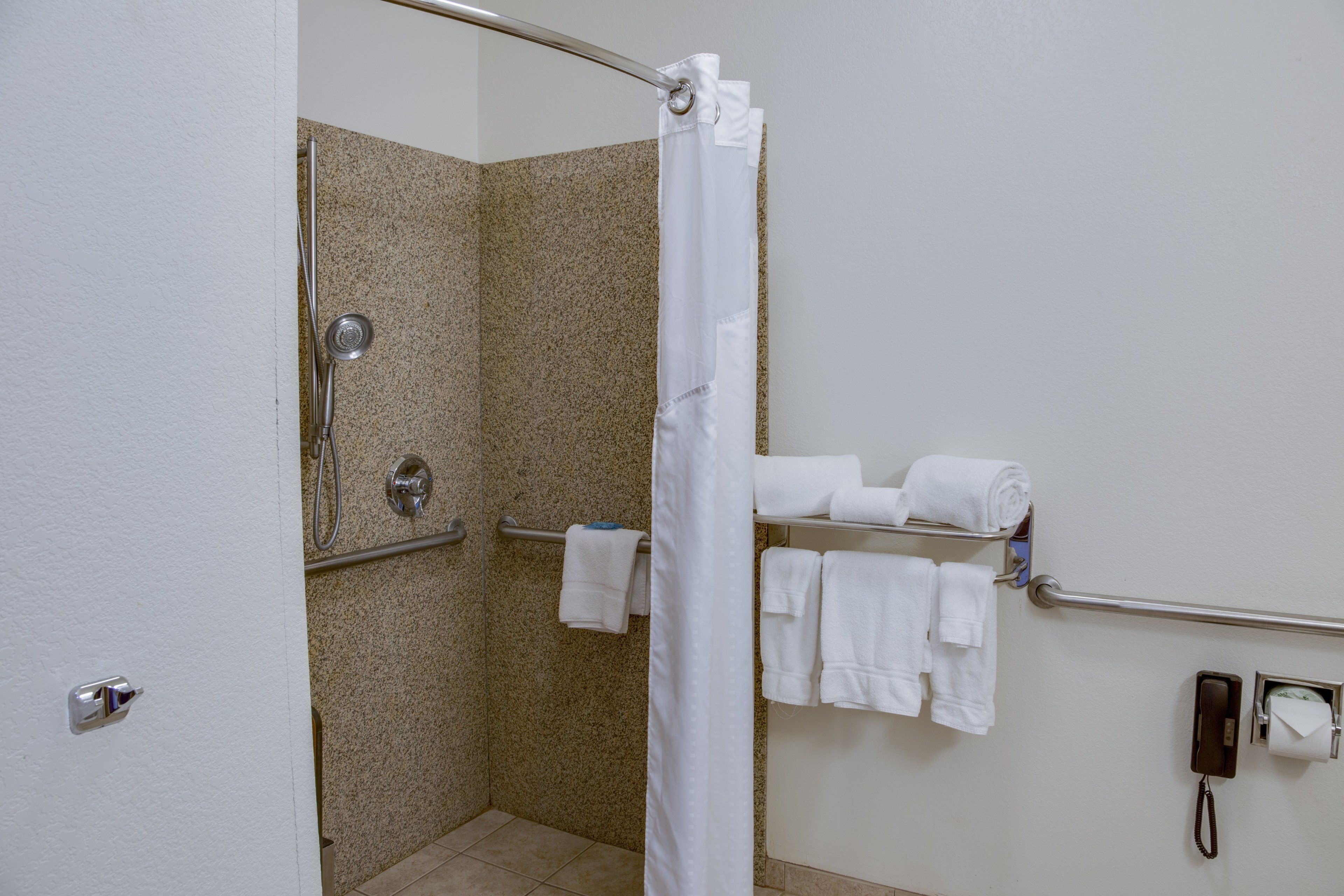 combined shower/bathtub, free toiletries, hair dryer, towels