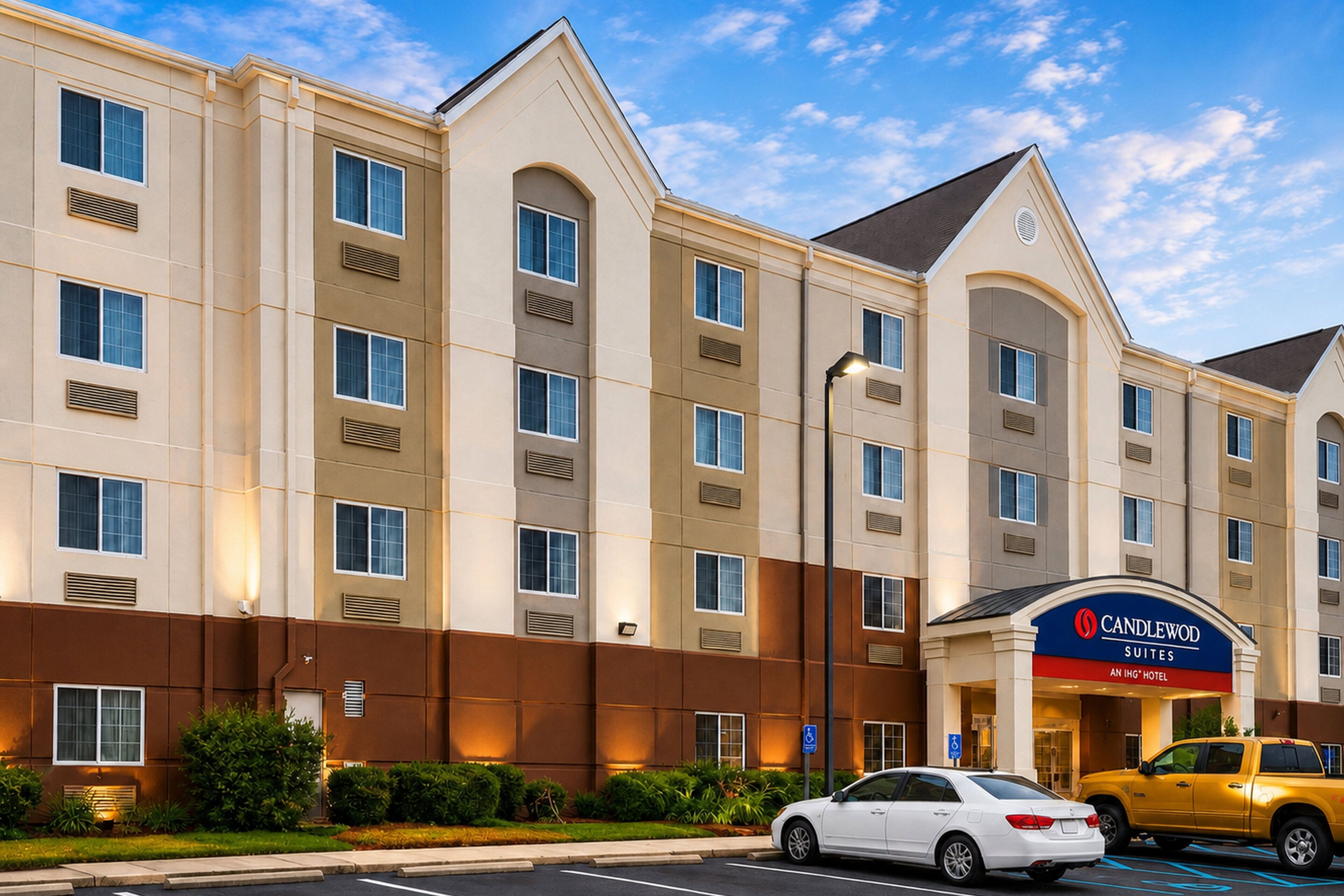 A hotel building with multiple windows, a sign for 'Candlewood Suites', and a parking area with cars.