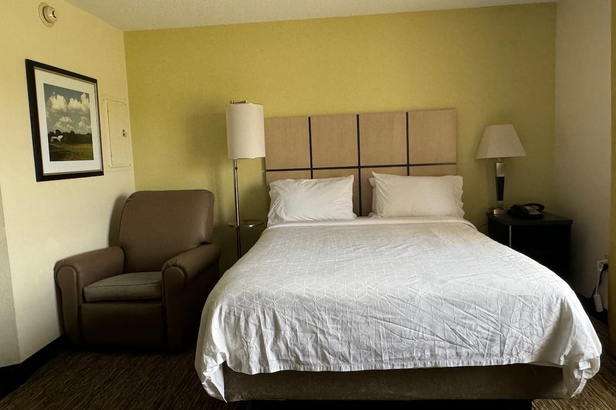 Habitación de hotel con una cama grande, dos lámparas de noche, una silla y un cuadro en la pared.