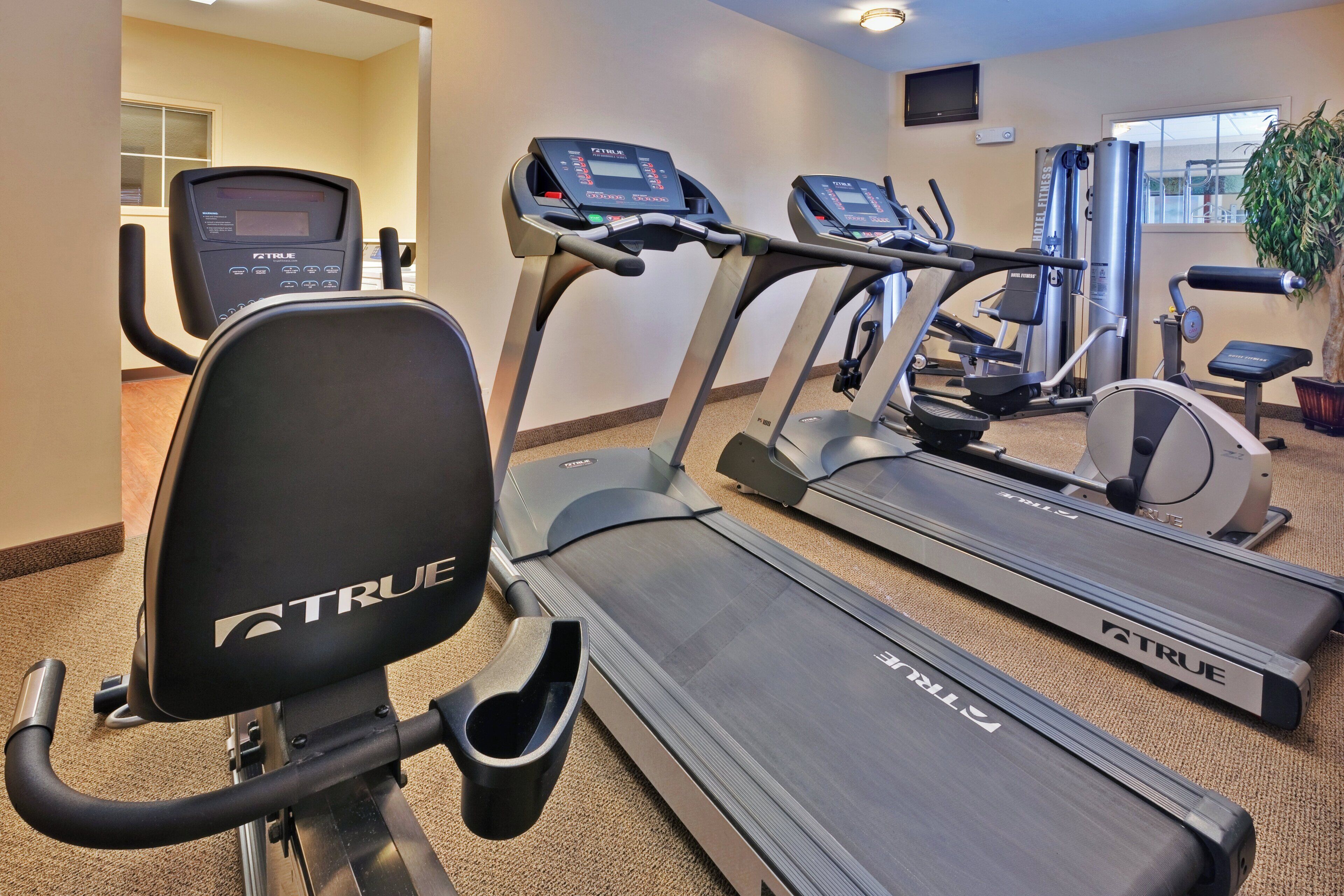 A hotel fitness center with treadmills, a stationary bike, and a rowing machine.