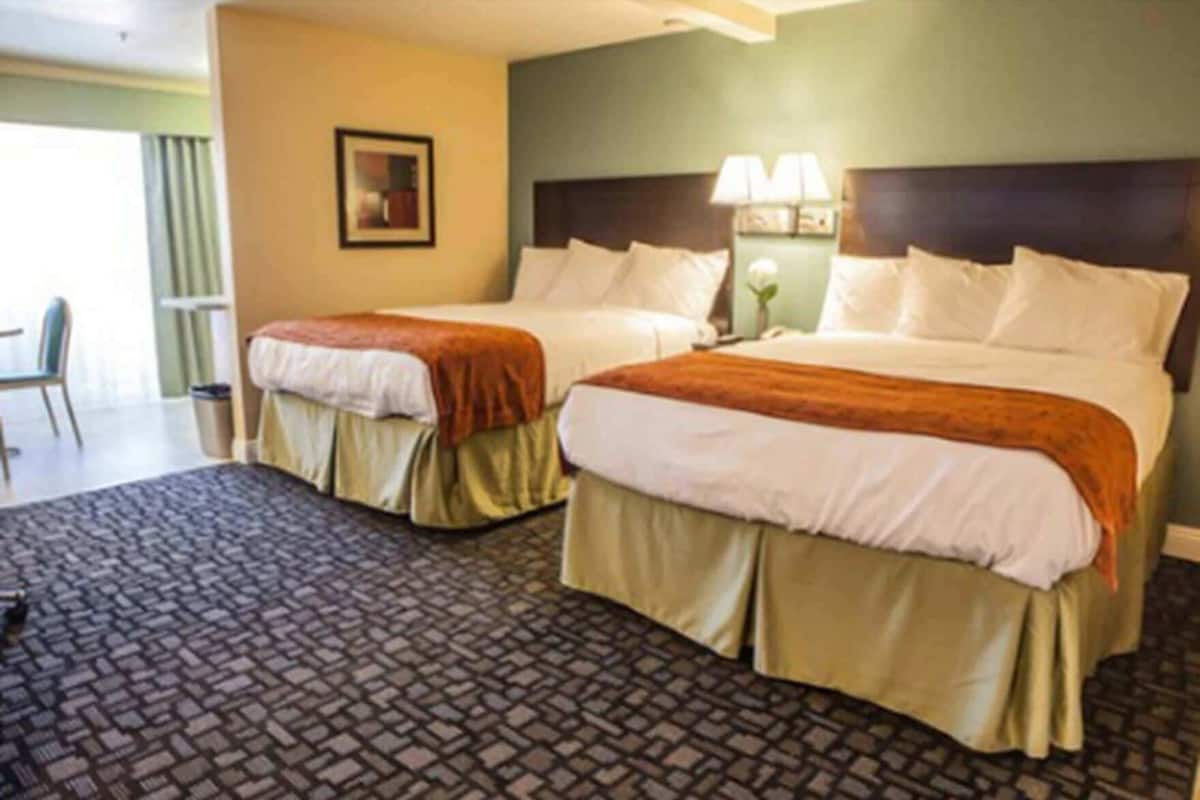 A hotel room with two beds, a patterned carpet, a framed picture on the wall, and a lamp on the nightstand.