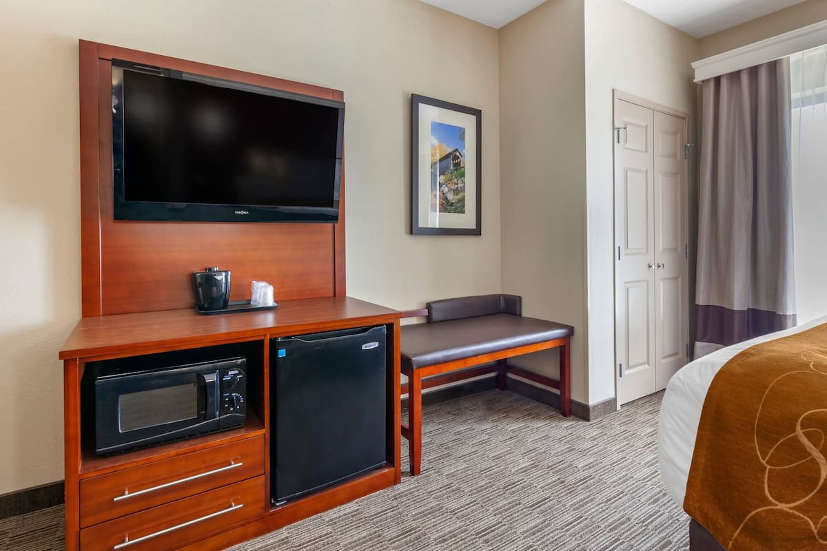 A hotel room with a TV, a small kitchenette, a seating area, and a door.