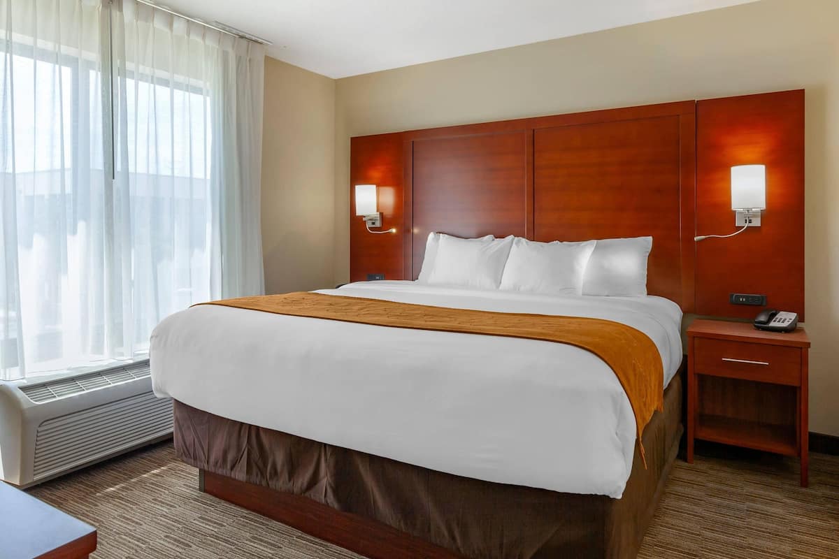 A hotel room with a large bed, a bedside table with a phone, a wall-mounted light, and a window with sheer curtains.