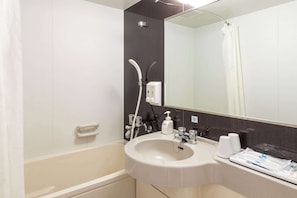 Bathroom features a large sink, mirror, towel rack, and shower area with handheld showerhead.