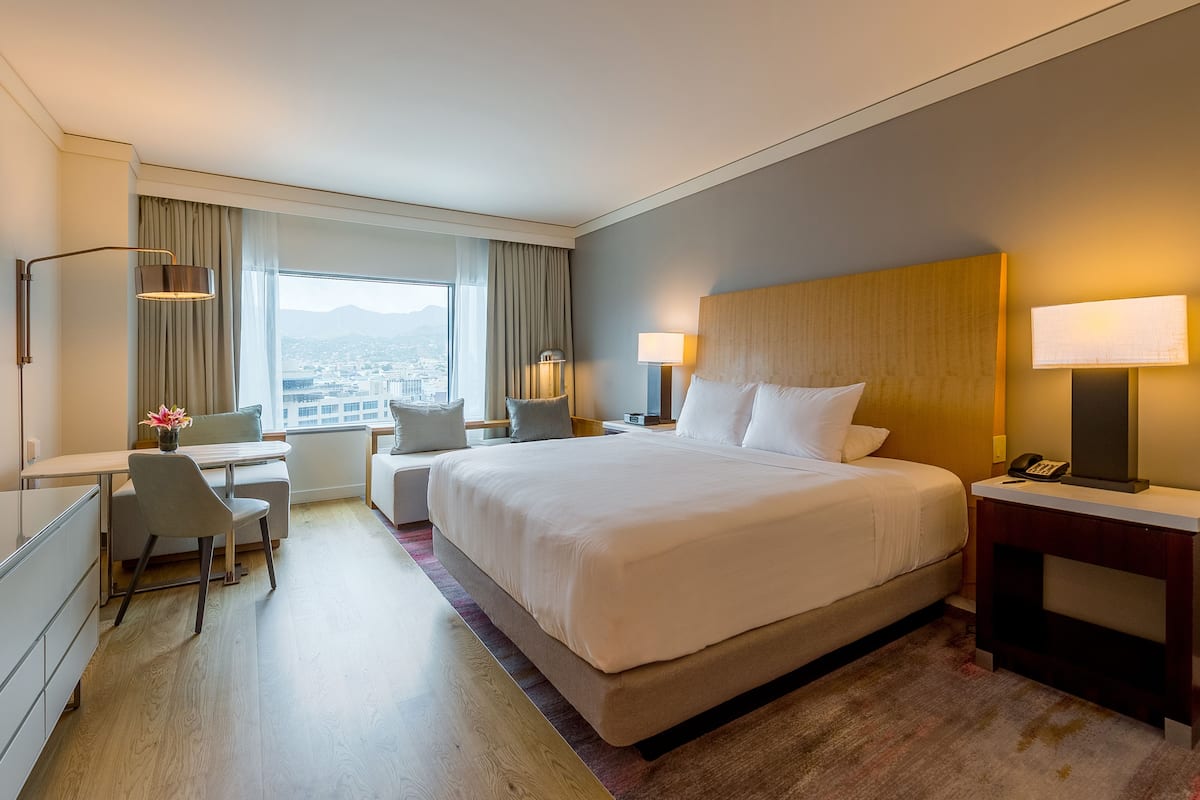 A hotel room with a large bed, a desk, a chair, and a view of the city.