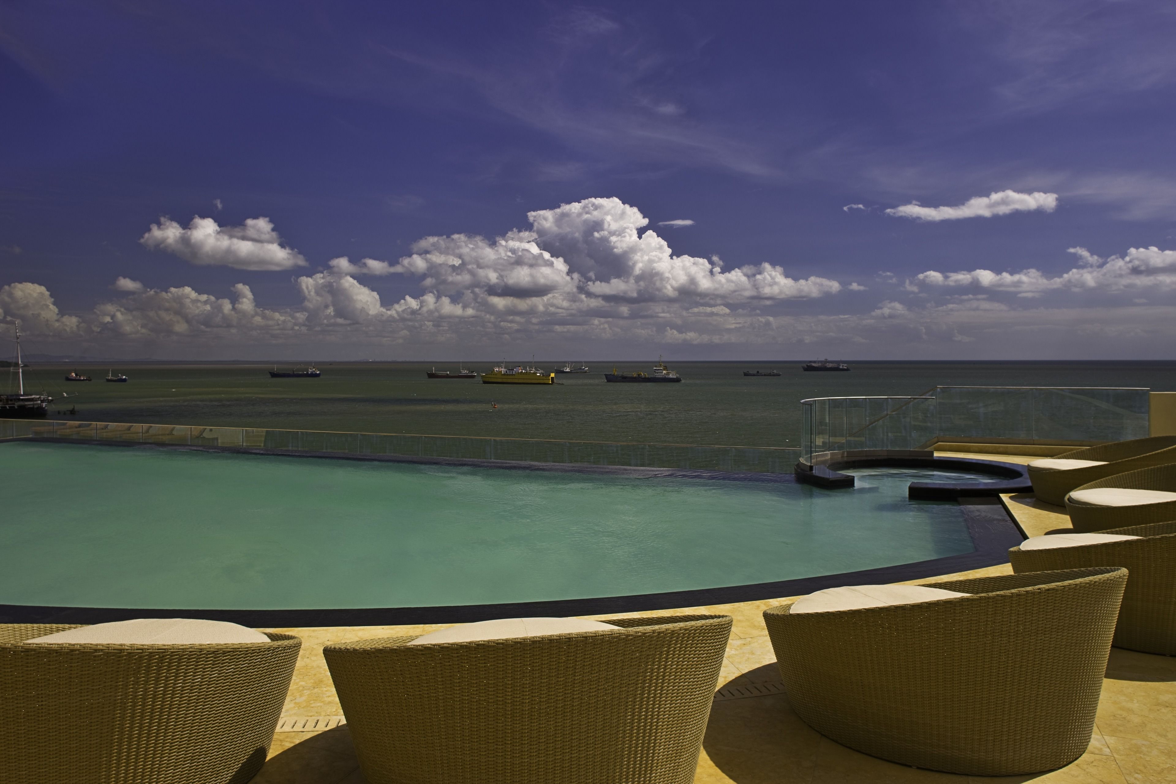 outdoor pool, pool loungers