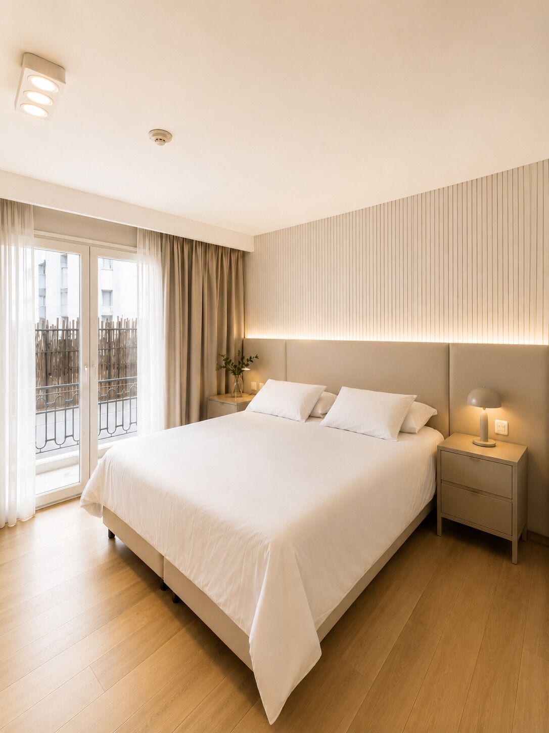 Quarto de hotel com uma cama grande, mesas de cabeceira, um criado-mudo com uma lâmpada, uma janela com cortinas e vista para o exterior.