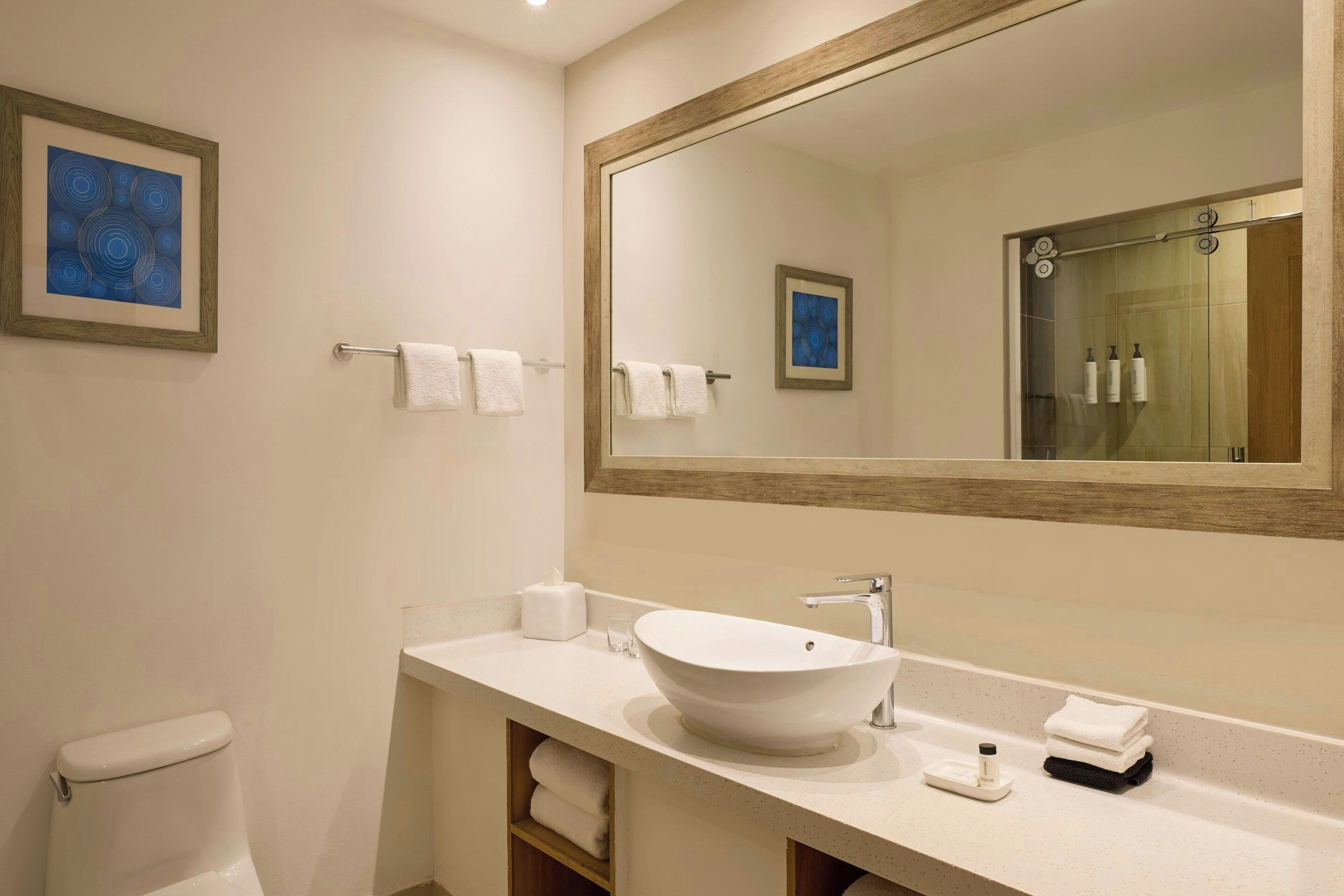 Une salle de bain moderne avec un grand miroir, un lavabo blanc et des toilettes.