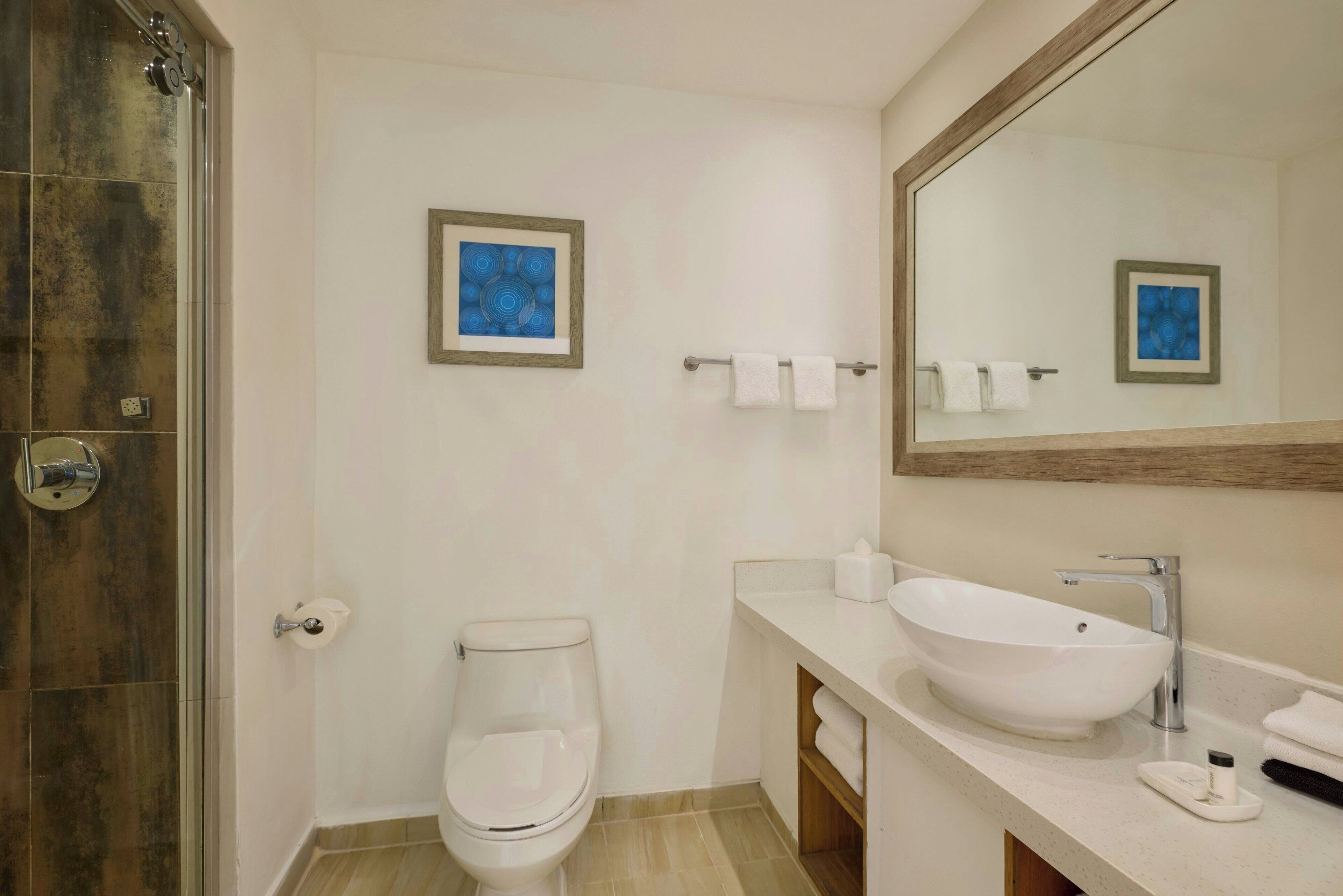 Un baño con un lavabo blanco, un inodoro, una ducha y dos cuadros en la pared.