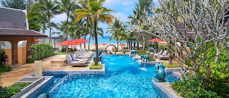 2 outdoor pools, pool umbrellas, pool loungers