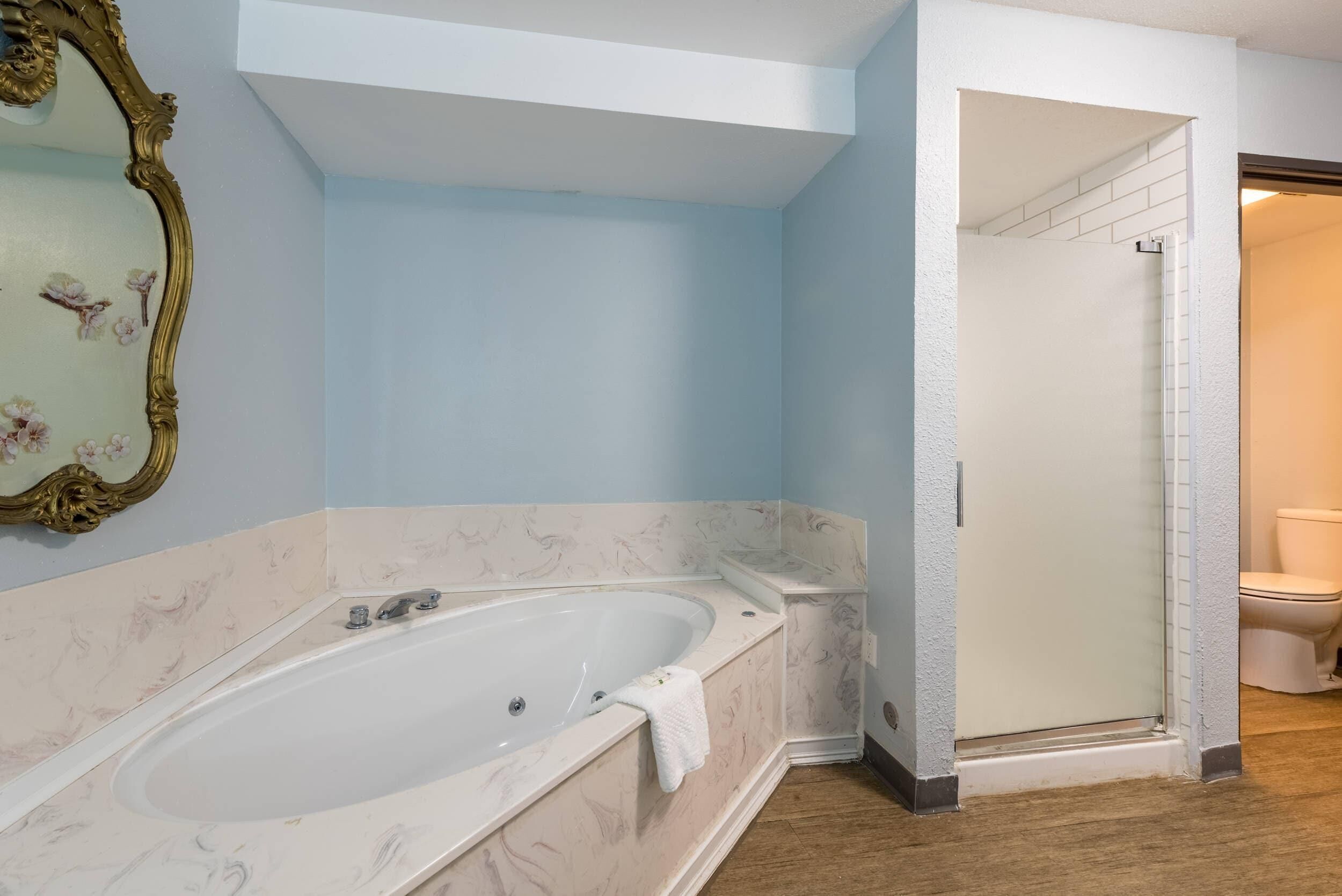 A bathroom with a large bathtub, a shower, and a toilet.