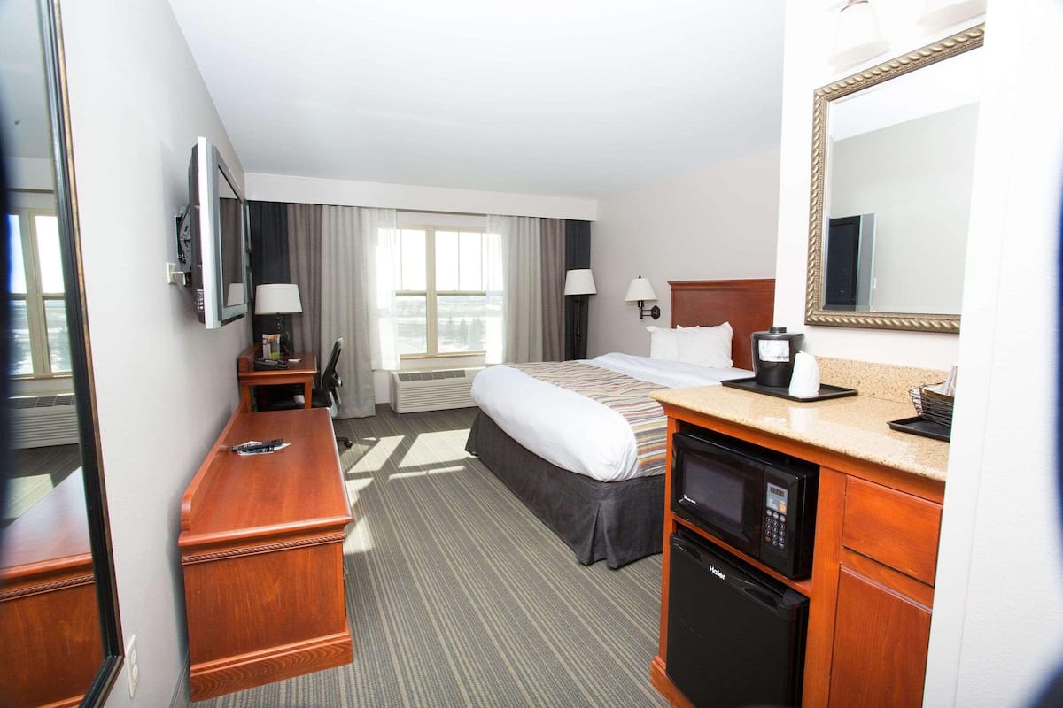 A hotel room with a bed, a desk, a microwave, a coffee maker, and a large mirror.