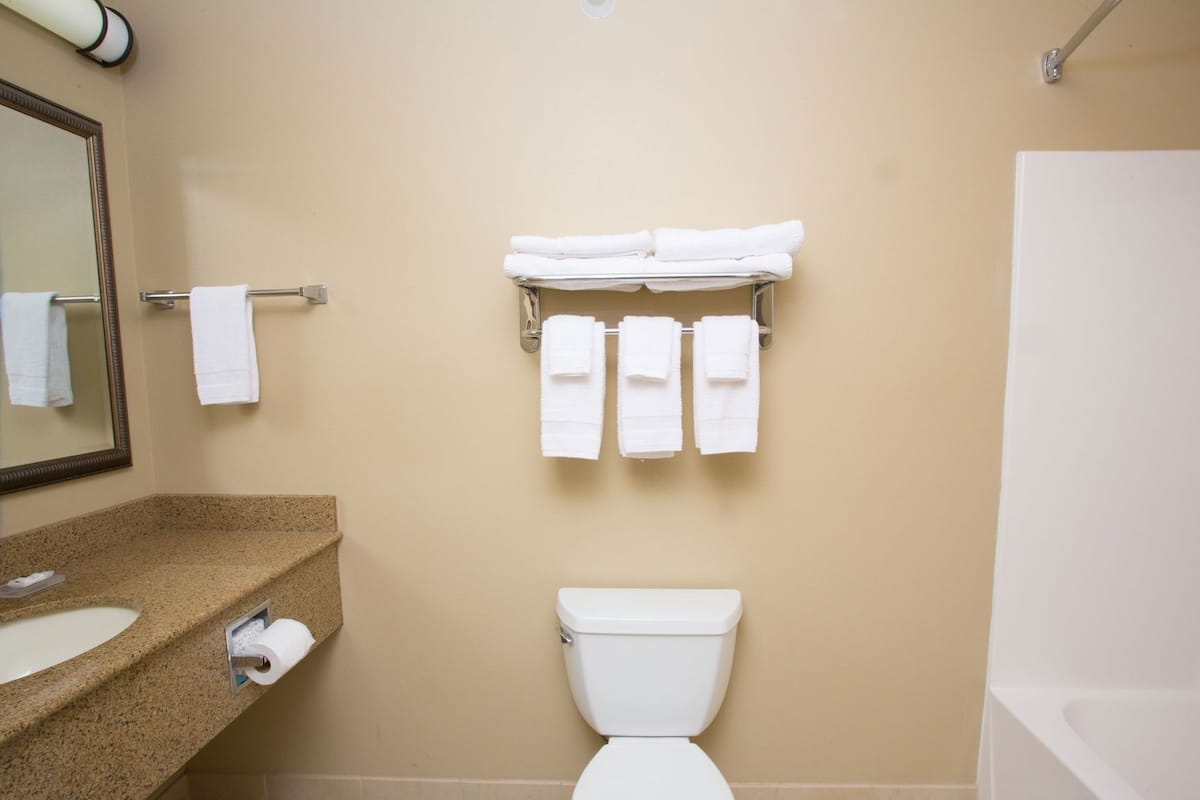 A bathroom with a sink, toilet, and towel rack.