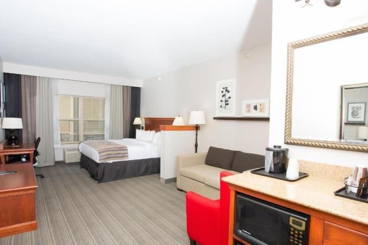 A hotel room with a bed, a desk, a sofa, and a coffee station.