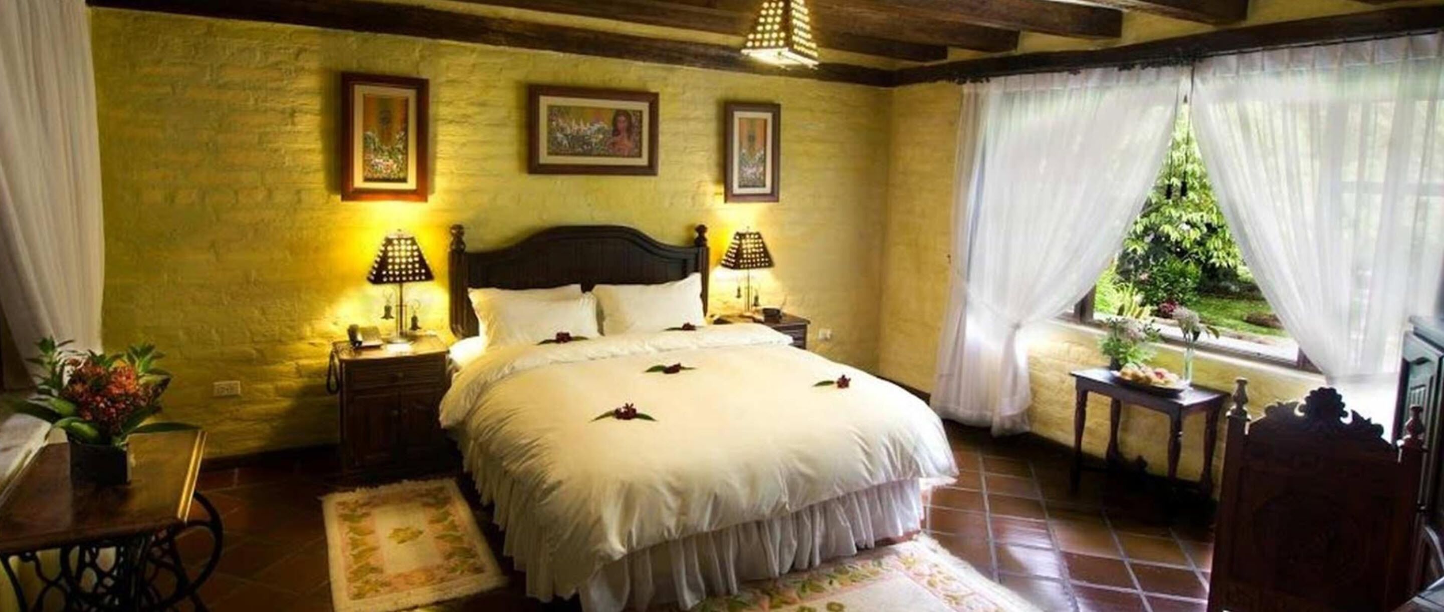 A bedroom with a large bed, two bedside tables with lamps, a window with curtains, and a plant on the windowsill.
