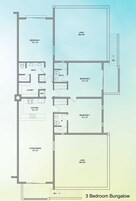 Distribución de una cabaña de 3 habitaciones, que incluye cocina, dos baños, sala de estar/comedor y un porche cubierto.