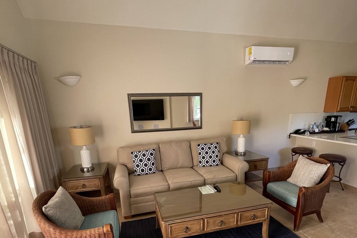 Un salon comprenant un canapé, deux fauteuils, une table basse, un téléviseur et, au fond, un coin cuisine.