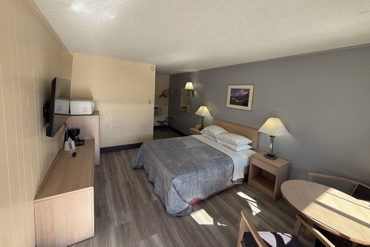 Quarto de hotel com cama, mesas de cabeceira, escrivaninha, cadeira, televisão e um quadro na parede.