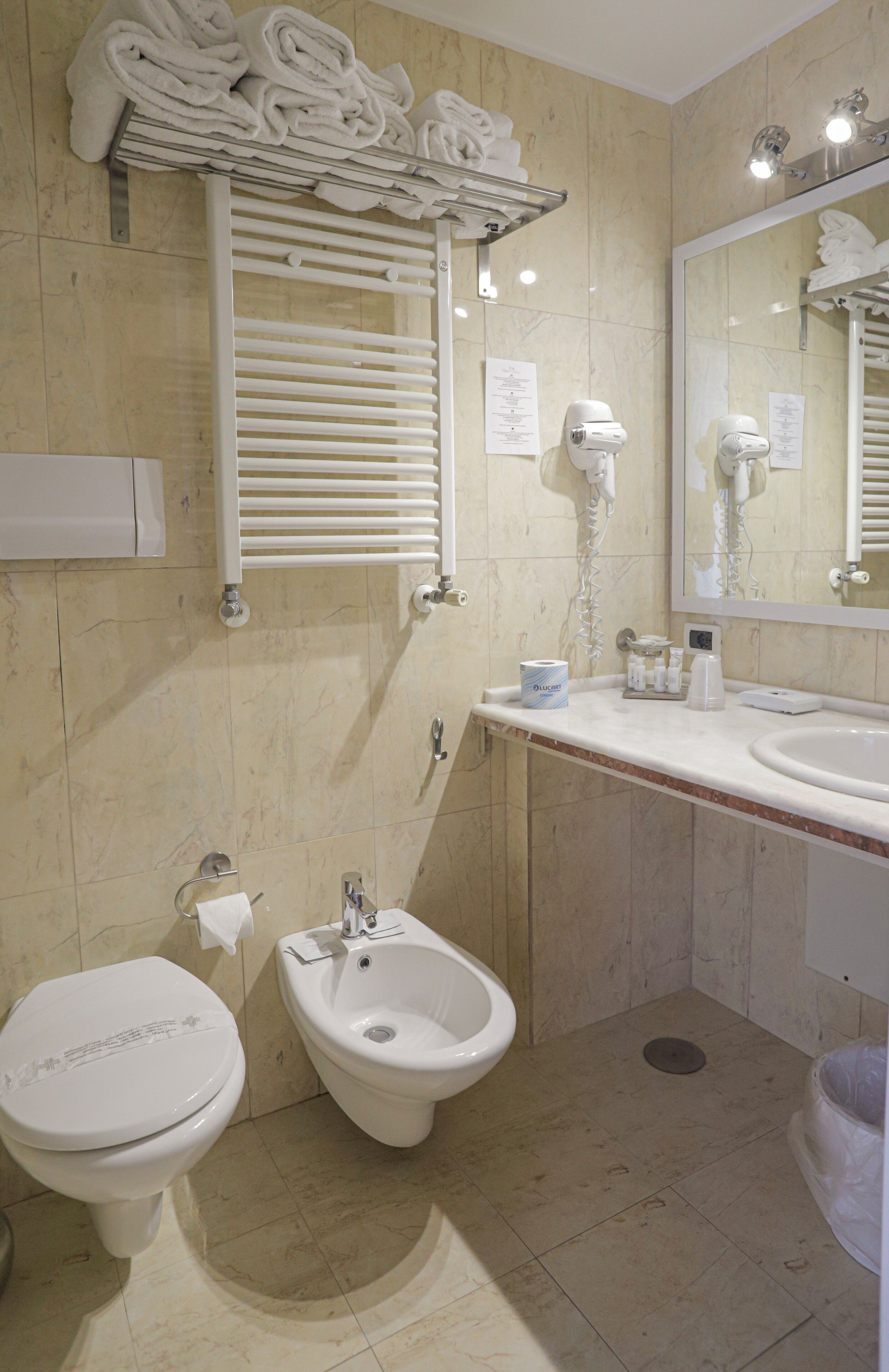 Een badkamer met toilet, bidet, wastafel, handdoekrek en spiegel.