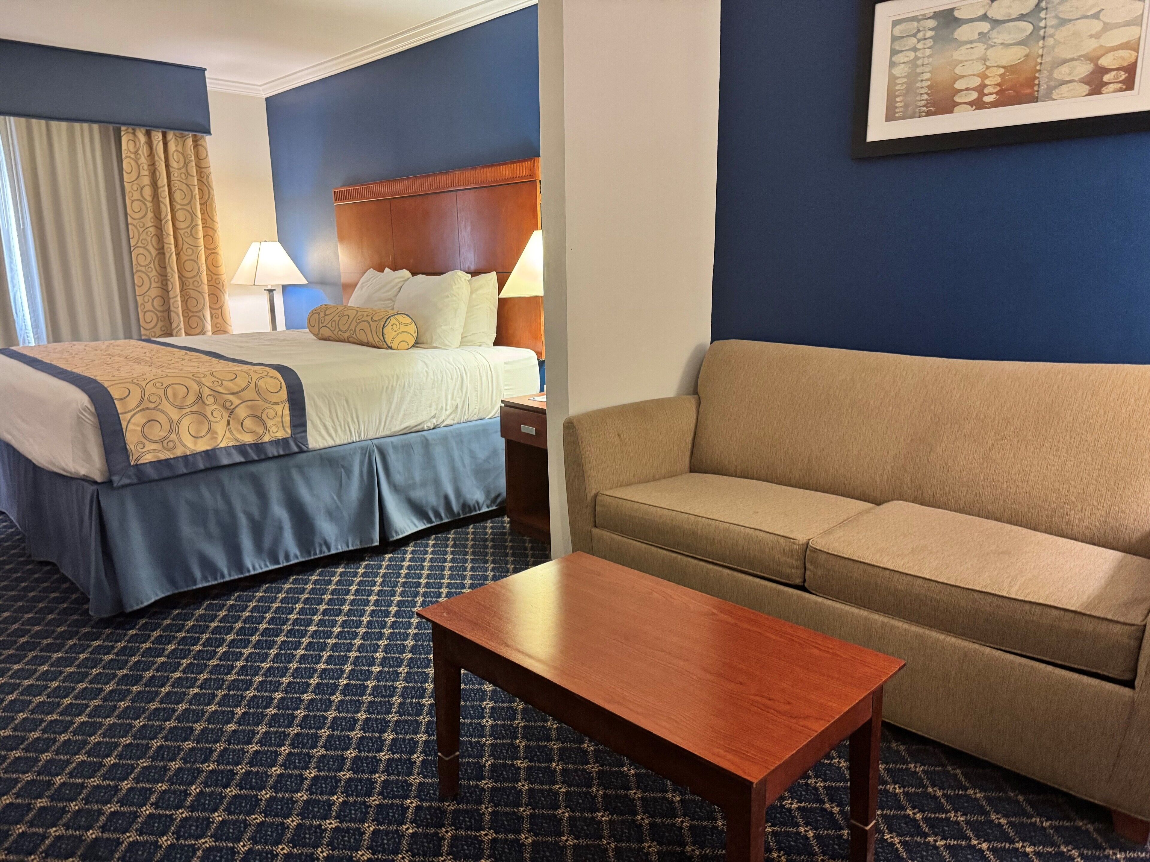 Une chambre d’hôtel avec un lit, un canapé, une table basse et un tapis à motifs.